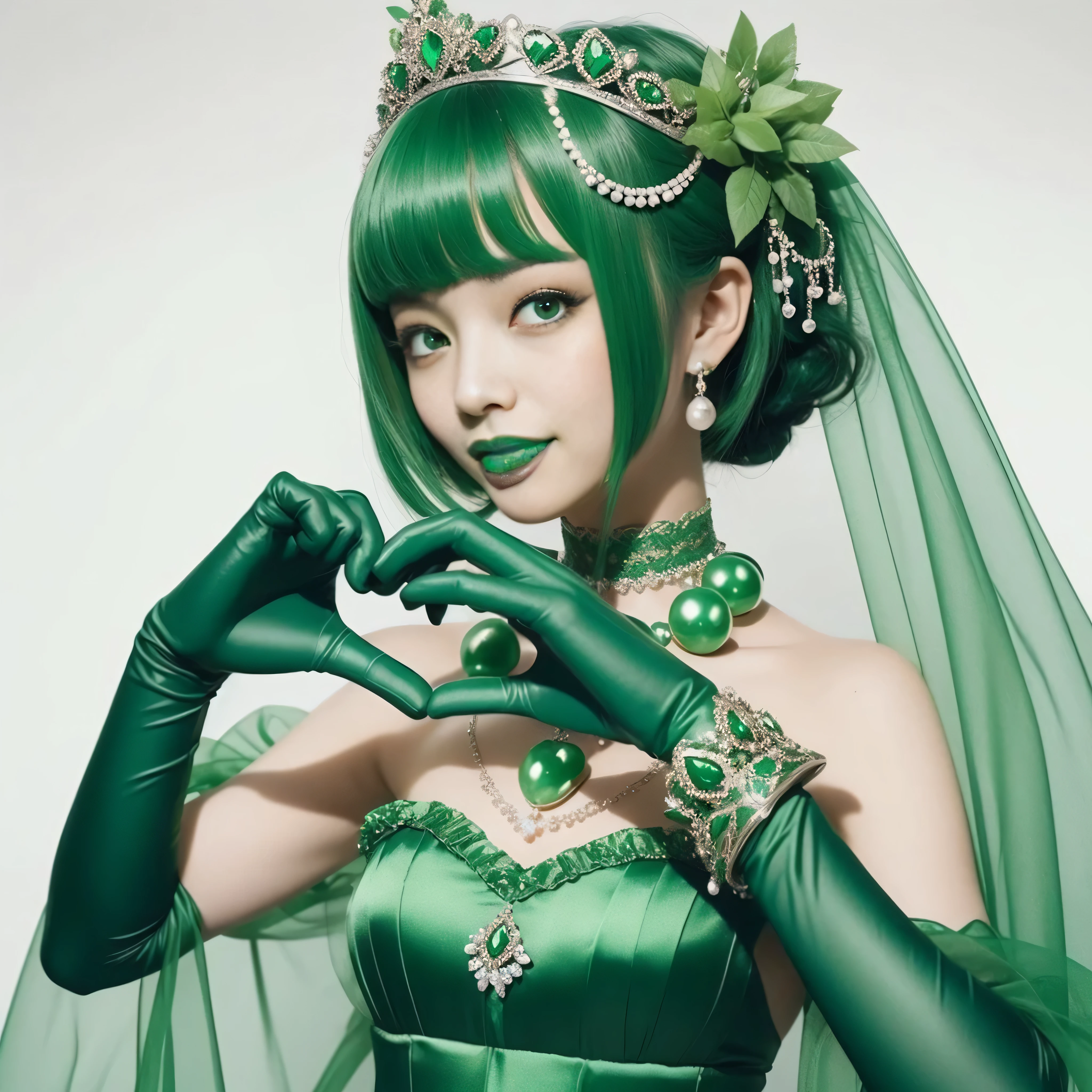 emerald tiara, green pearl necklace, ボーイッシュな非常に短いgreen hair, lipstick, smiling Japanese woman, very short hair,  Beauty with large breasts, green eyes, Long Green Satin Gloves, green eyes, emerald earrings, green veil, heart with both hands, green hair, beautiful japanese woman, heart shaped hand:1.3, green lip gloss