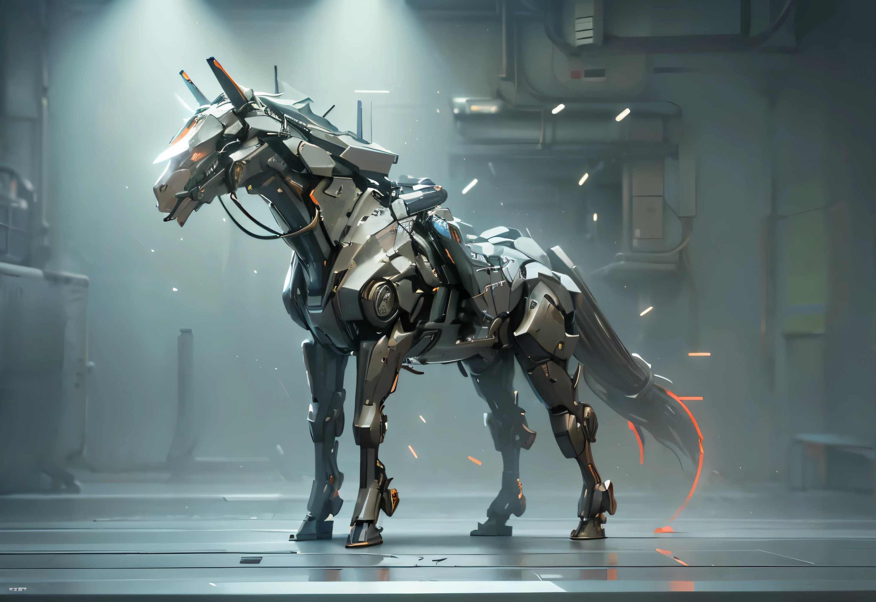 cyberpunk, Mechanical horse,glowing neon lights, ( global illumination, Ray tracing, human development report, Unreal rendering,Reasonable design, high detail, masterpiece, best quality, ultra high definition, Beijing_Zagu_Mecha