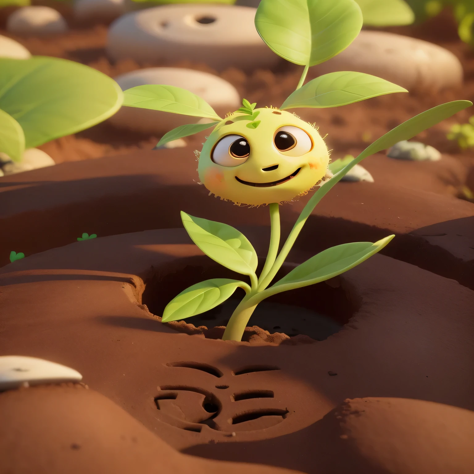 there is a small plant with a smiley face growing out of a hole, cute 3 d render, toon render keyshot, rendered in keyshot, stylized 3d render, 3 d render stylized, stylized as a 3d render, stylized 3 d, fairy fruit. octane render, high res render, clay render, depicted as a 3 d render