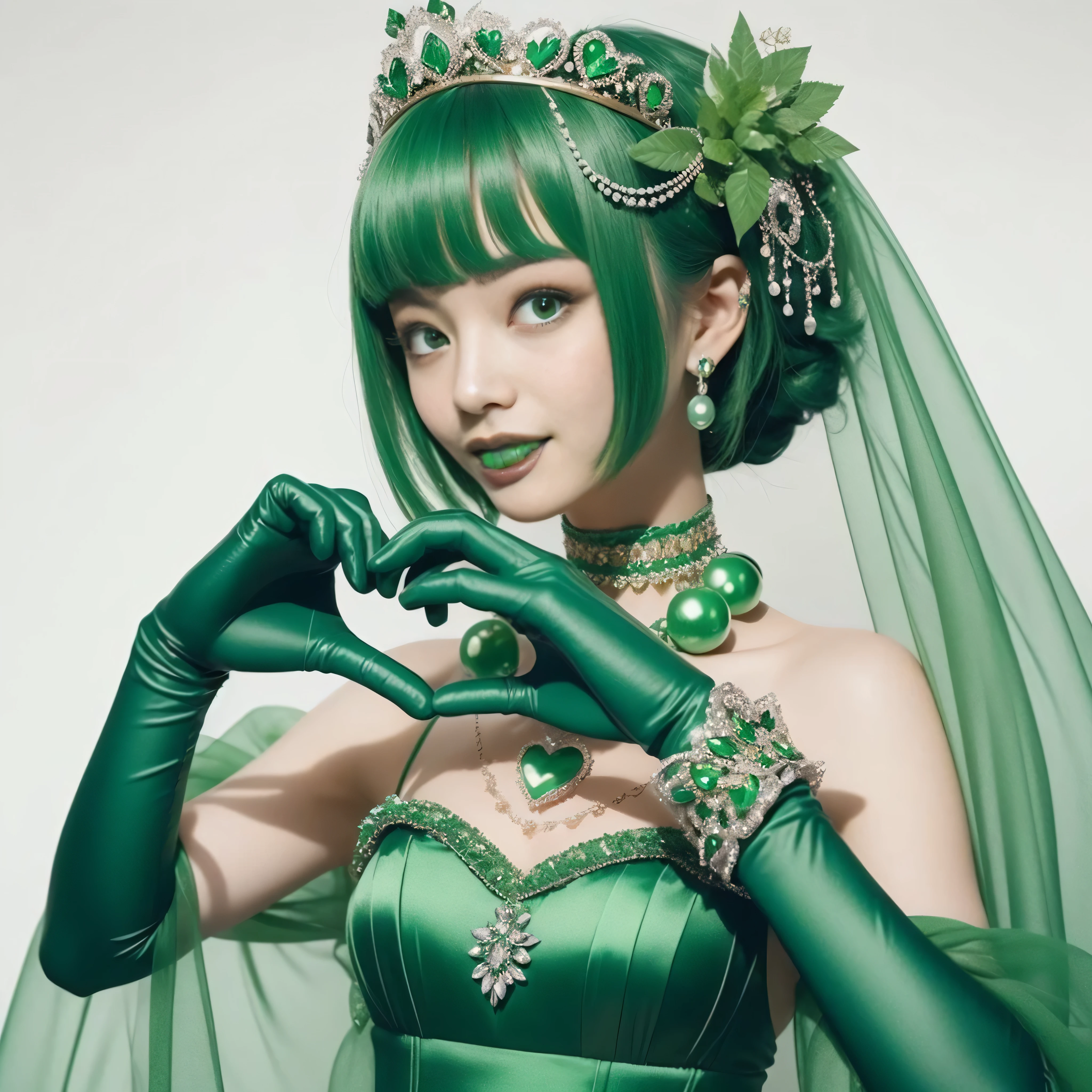 emerald tiara, green pearl necklace, ボーイッシュな非常に短いgreen hair, lipstick, smiling Japanese woman, very short hair,  Beauty with large breasts, green eyes, Long Green Satin Gloves, green eyes, emerald earrings, green veil, heart with both hands, green hair, beautiful japanese woman, heart shaped hand:1.3, green lip gloss