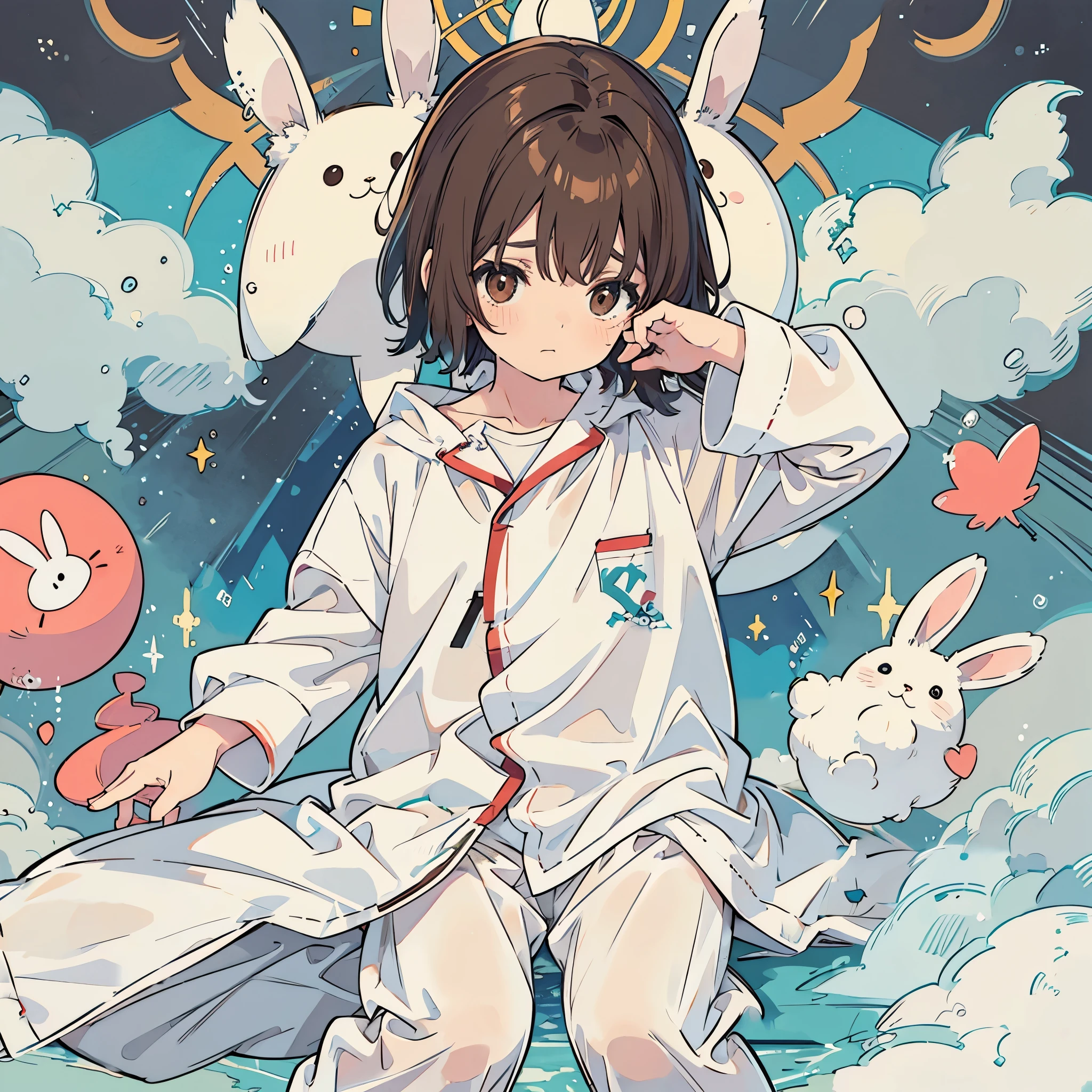 short hair, white pajamas
