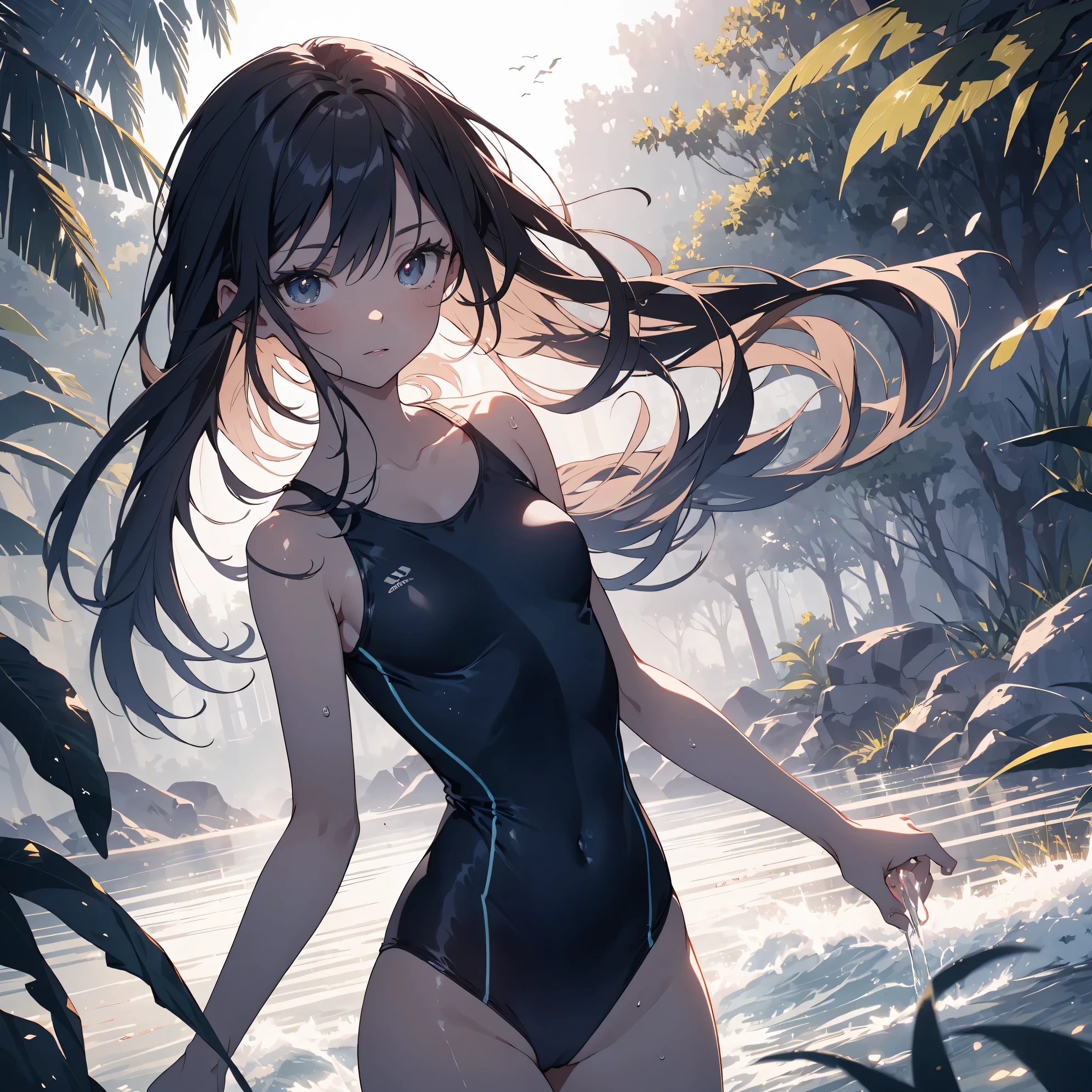 Super high quality by the art god, super detailed, High resolution, Kyoto animation style, anime moe art style, best anime 8K konachan wallpaper, pixiv contest winner, perfect anatomy, break,(Please draw a picture of a girl in a swimsuit walking on the beach alone. )break, 1 girl, (alone,little woman, ta, , 13 y),All limbs, full finger,, The charm of an immature body, (very short hair), Wet hair, flat chest, small ass, between legs, small eyes, beautiful and fine eyes, Well-proportioned iris and pupils, expressive eyes, High resolutionの詳細な髪, Wet, shiny skin, swimsuit, (detailed lighting), (detailed background),On the private beach, break,super dense skin, Best lighting by famous artists, 8K, figure,UHD, rough skin