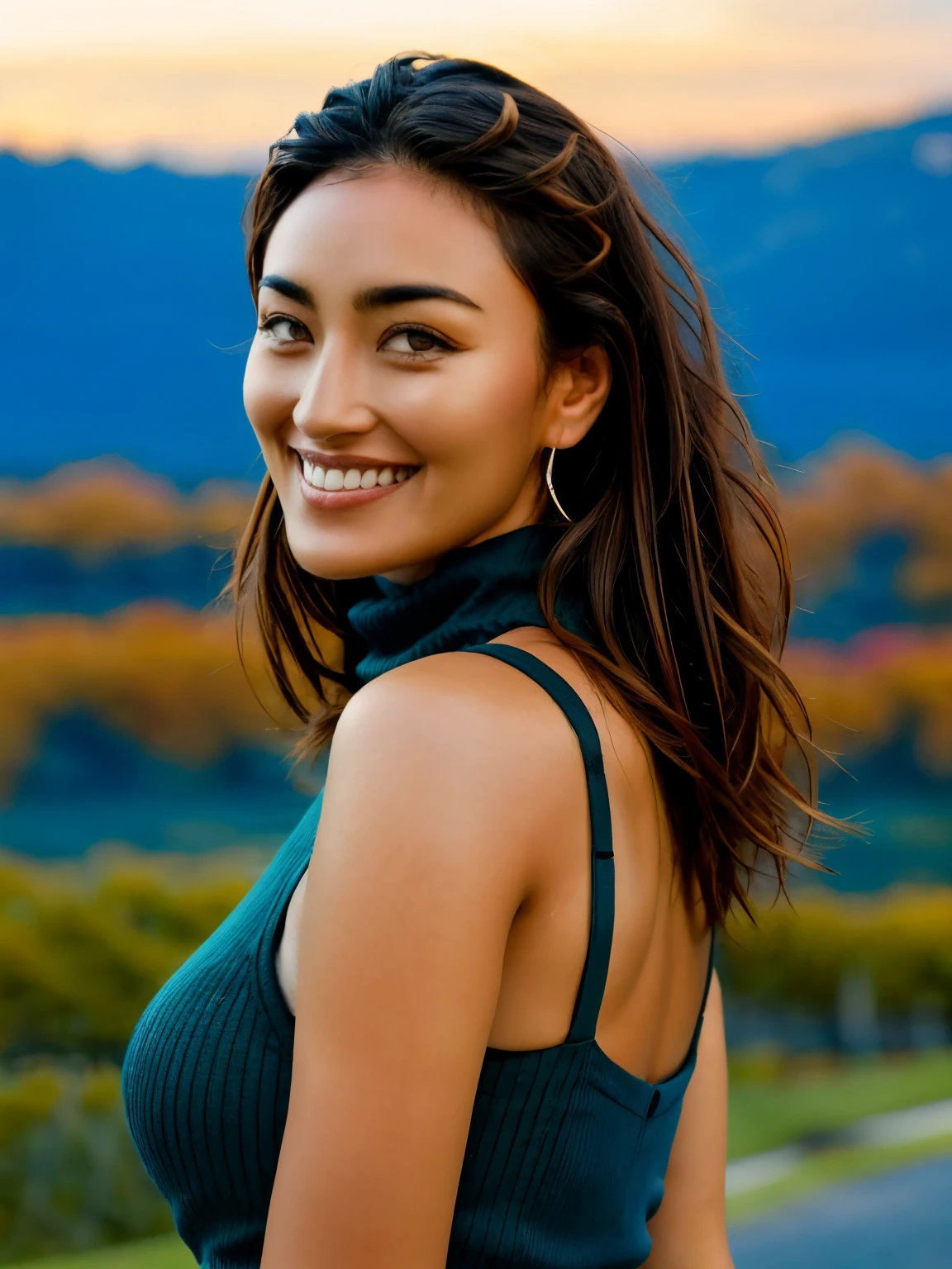 (RAW style, masterpiece, best quality, ultra-detailed), 28 years old Jun Hasegawa posting outdoor, turtleneck, big breast, beautiful night, cheerfully and happy, clear sky, analog style, (skin texture, film grain), cinematic light, sidelighting, ultra high res