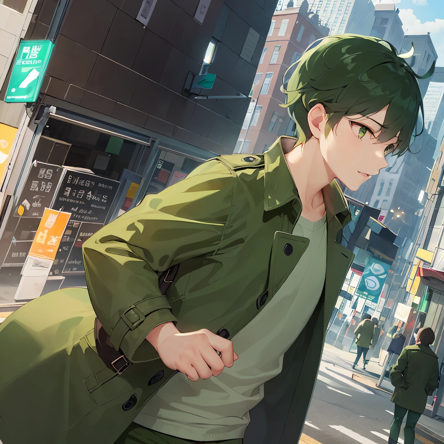 wearing a green trench coat、wearing green clothing