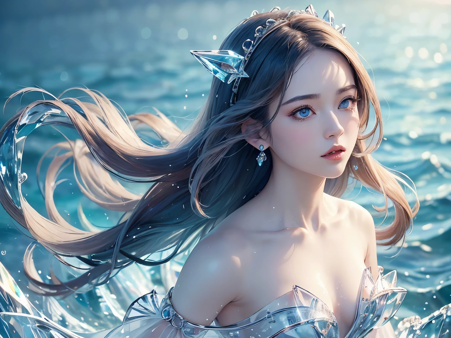 (masterpiece, Highest品質, Highest, official art, beautiful and aesthetic, exposed for a long time: 1.2), smooth movement, attractive pattern, 1 girl, (long dress with sleeves: 1.3), ((small breasts)) , blue clothes, Upper body close-up, bare shoulders, chinese girl, blush, black lob hair, portrait, alone, Upper body, Watching the observer, detailed background, detailed face, (Crystal AI, crystal theme:1.1), elemental water sprite , rotating water, controlling water, Diamond clothes, dynamic pose, suspended particles, etheric dynamics, water, vapor, sea in the background, blue tint, coastal, fantastic atmosphere,