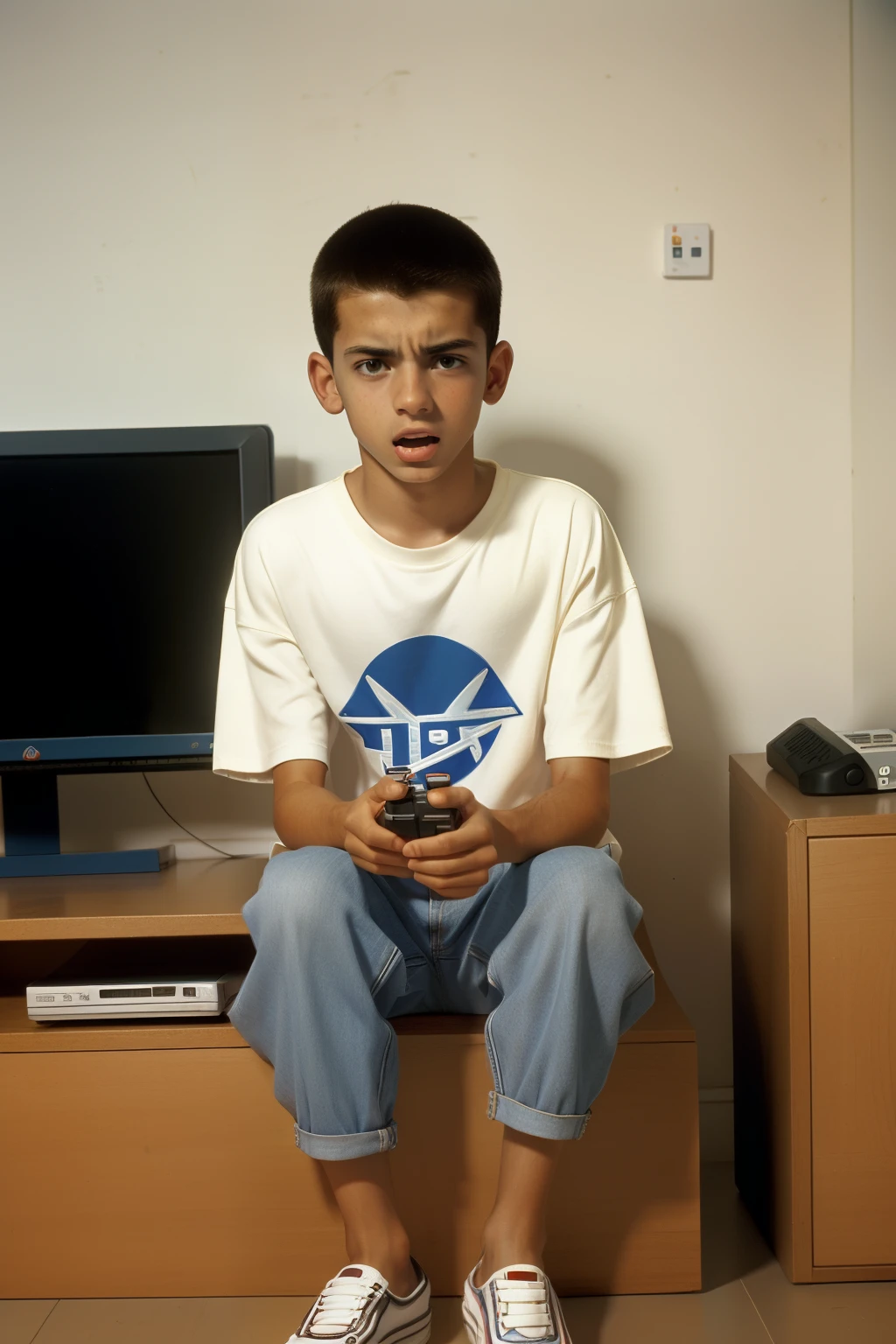 Huelva, Spain, 1999. ((((14-year-old)) Lorenzo)), pale, skinny, sharp facial features, in his gamer bedroom, playing video games, ((angry expression)). ((((casual clothings from the 1990s))))