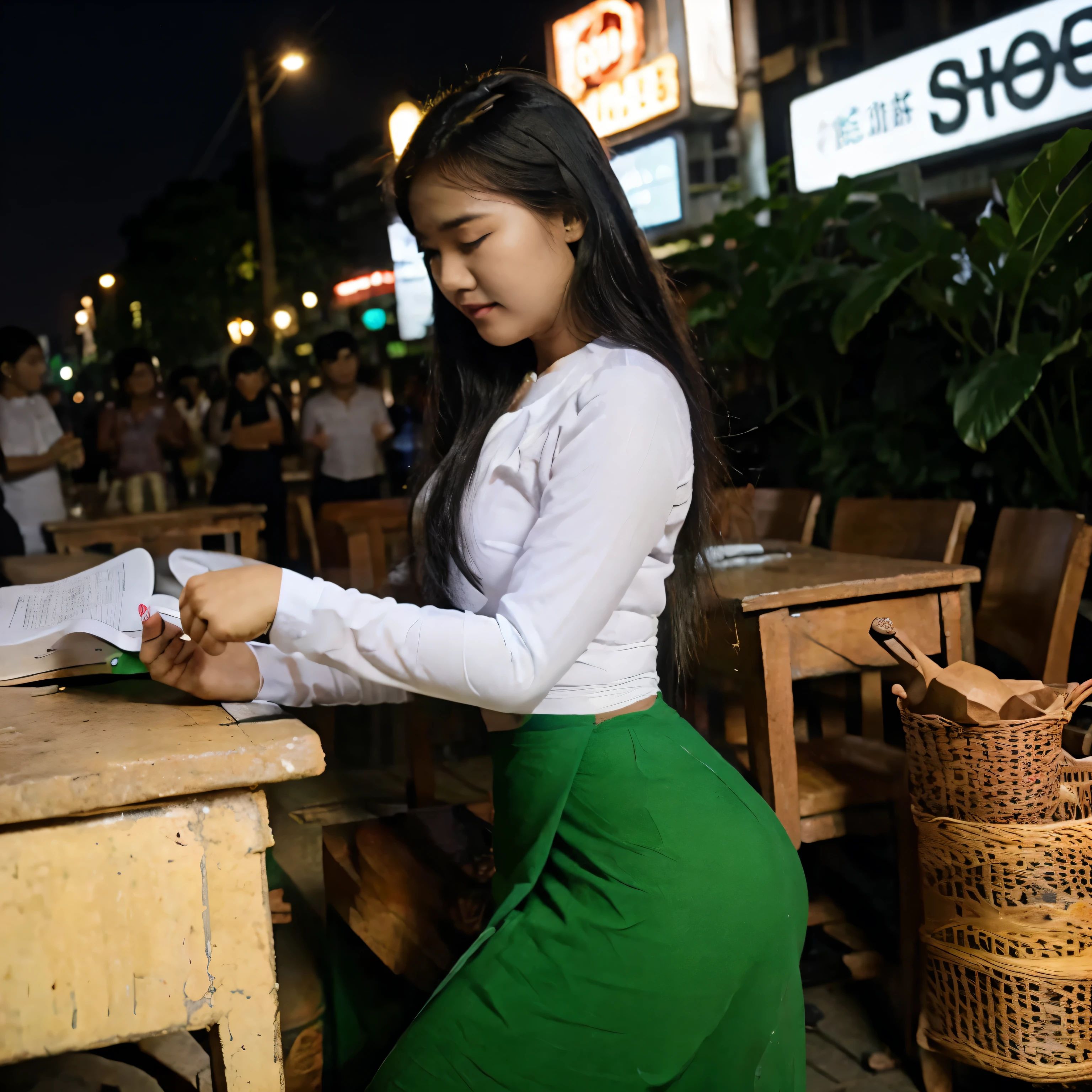 Gorgeous Burmese student girl, on the street of Yangon, neon lights, beautiful body, upper white and lower green outfit