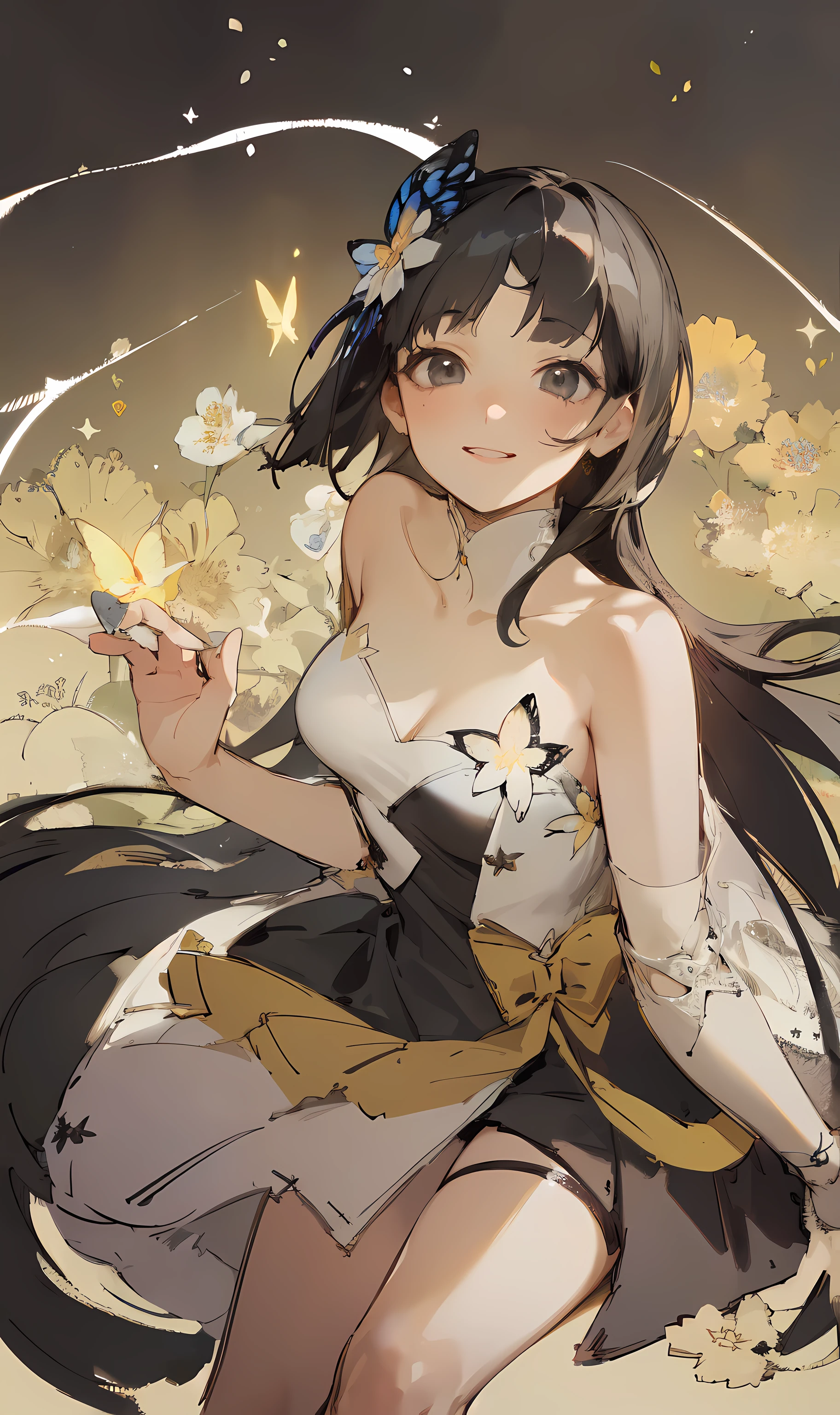 (masterpiece, best quality, Extremely detailed CG, Beautiful and delicate eyes, Super detailed, intricate details:1.2),1 girl,black hair,black eyes,sitting,white dress,black skirt,flowers,Butterfly,Light,Smile,long hair,Bangs,Butterfly结,raise arms,Leaves,Star,