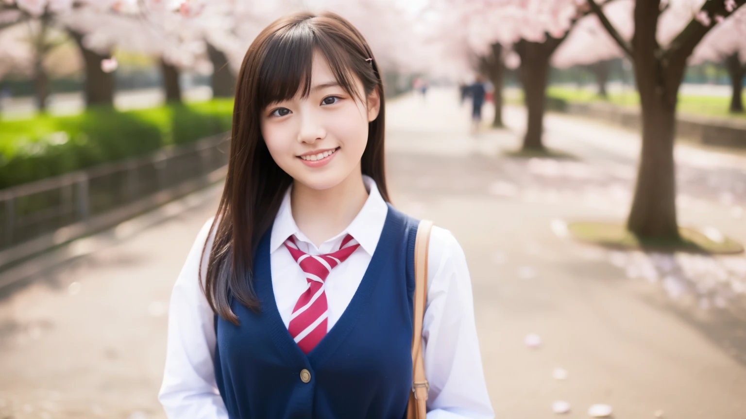 Beautiful woman、18-year-old 、full body shot、80 mm、small breasts、A sloppy smile、school uniform、Cherry blossom park