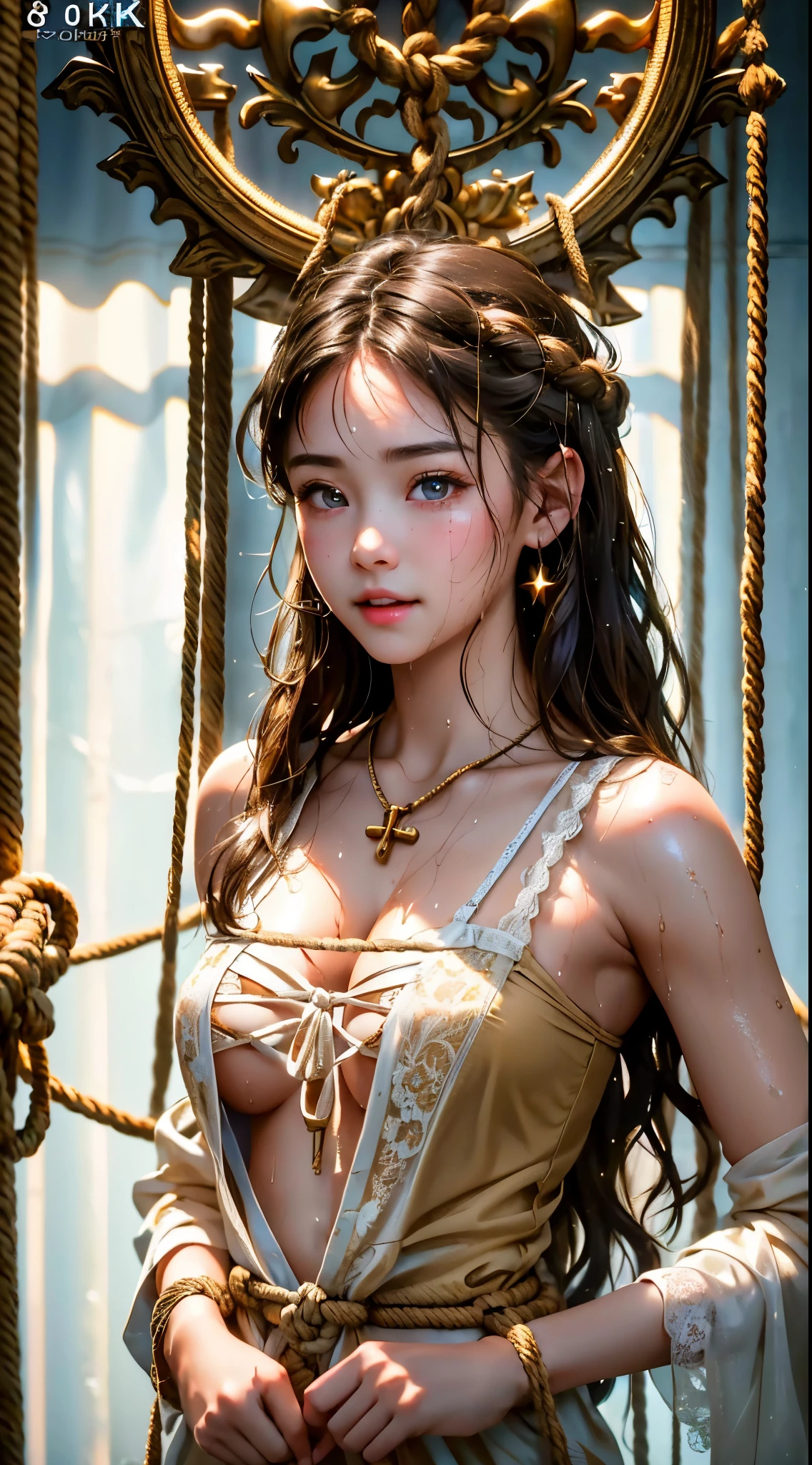 Brunette Girl, big Smile, super beautiful shining eyes、Girl hanging from the ceiling with her arms tied with rough rope、Sweat、the rope tied her body、wet body、Rough rope digging into my ??????、A large amount of liquid flows out from the ??????、One leg is suspended above by a rough rope、tied with rope、tightly bound、both hands tied、legs hanging in ????????
(8K, Live shooting, Highest image quality, masterpiece: 1.4), Super high fine mesh, (Reality, photorealistic: 1.48), masterpiece、highest quality、Super detailed、8K、detailed light、detailed shadows、Raw、(detailed skin)、(Reality: 1.2)、18 years old、long hair、white lace ?????????、In heavy rain