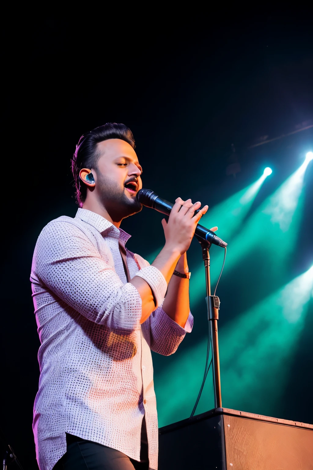 RAW photo in sequence, uma imagem de Atif Aslam cantando com microfone, ((detalhado especial, 4k, 8k, high resolution, mestre-obswork:1.2)), olhos belos e detalhados, beautiful and detailed lips, olhos e rosto extremamente detalhados, longas cilios, cantamento apaixonado, dynamic presence on stage, energy performance, cores vibrantes, atmosfera de concerto, professional lighting, palco grande, hypnotic voice, Reactions