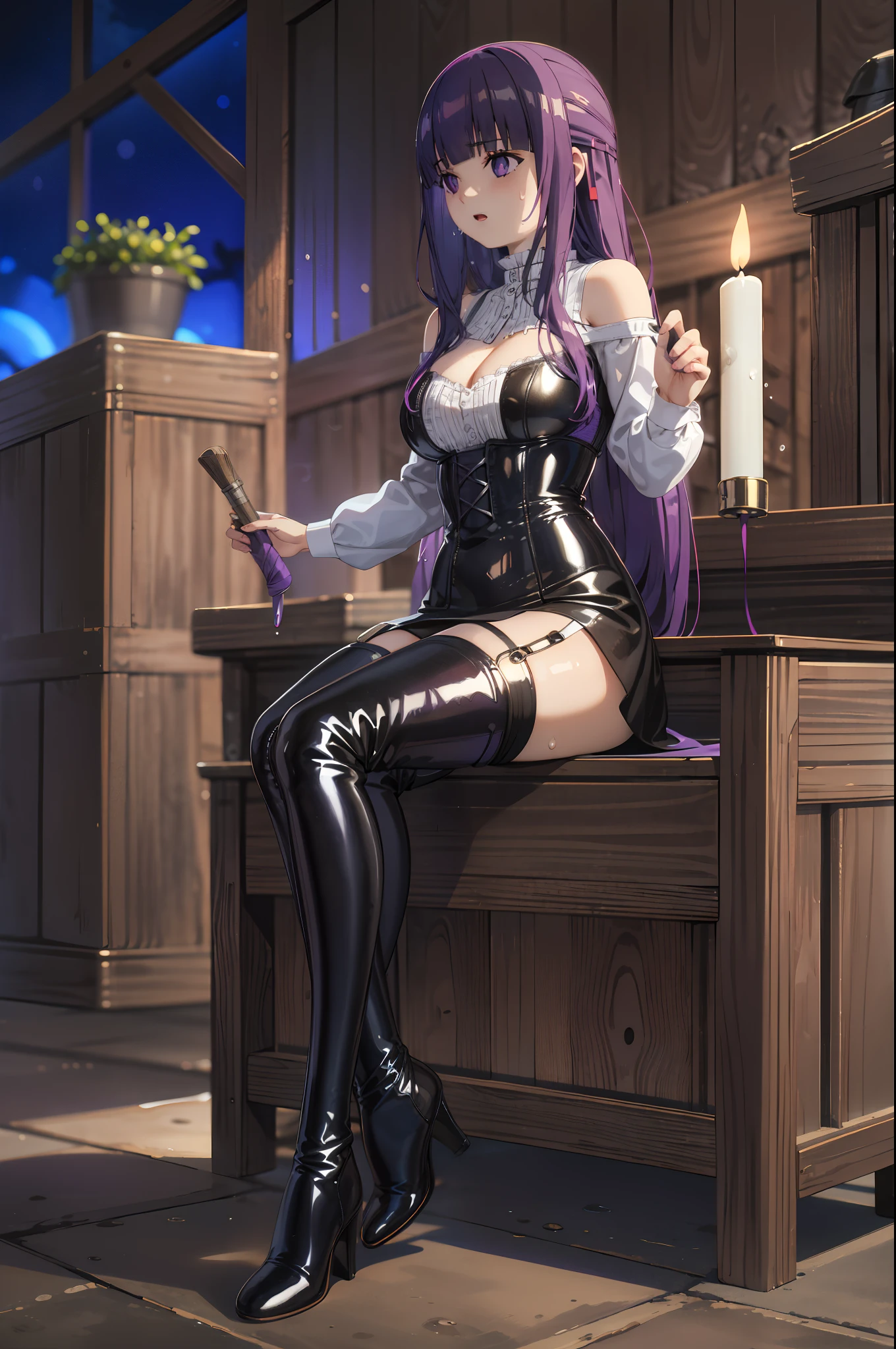 (highest quality, masterpiece),sexy, erotic, 1 girl, 18-year-old, despise, Pride, purple long hair, ((purple eyes)), looking at the viewer, medieval tabernacle, (close), ((dark room)), Sweat, the candle is lit, ((cleavage)), Mr.々Inside a torture chamber with various tools、
BDSM、black latex corset dress、The corset is decorated with beautiful embroidery.、corset dress with shoulder straps、black latex tight miniskirt、first round、Black Thigh Boots、high heel boots、