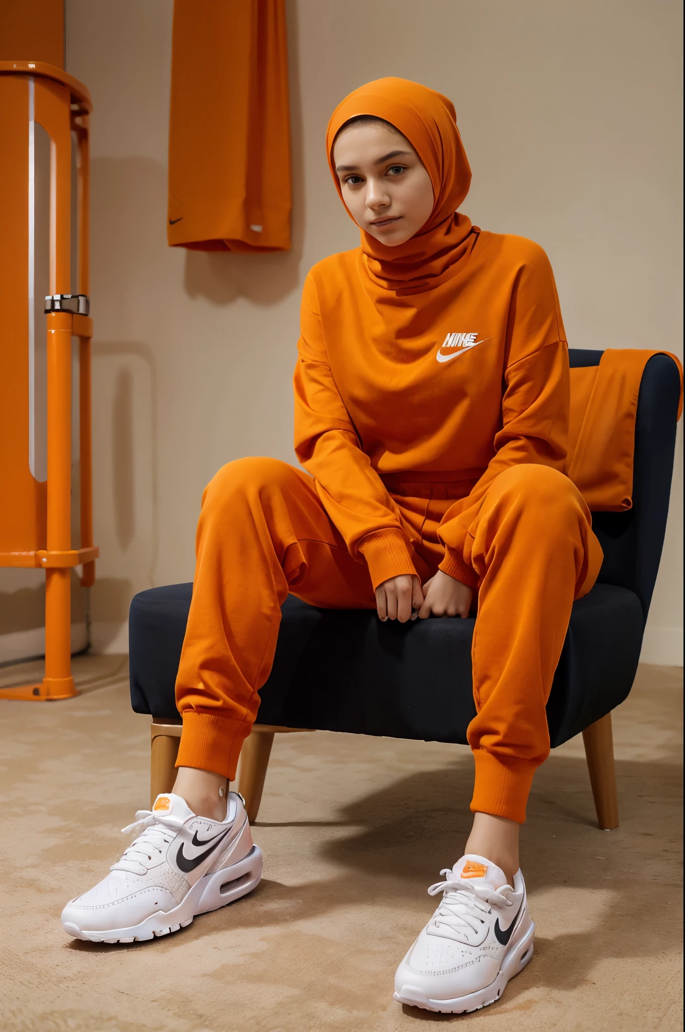masterpiece of a 16 year old girl,wearing an orange knit sleeved drees, wearing a hijab, wearing long Levis trousers, wearing Nike (Air Max) shoes, sitting elegantly in a chair like a model, elegant pose, faint smile, very detailed, bright orange background, photoshot, photography, realistic