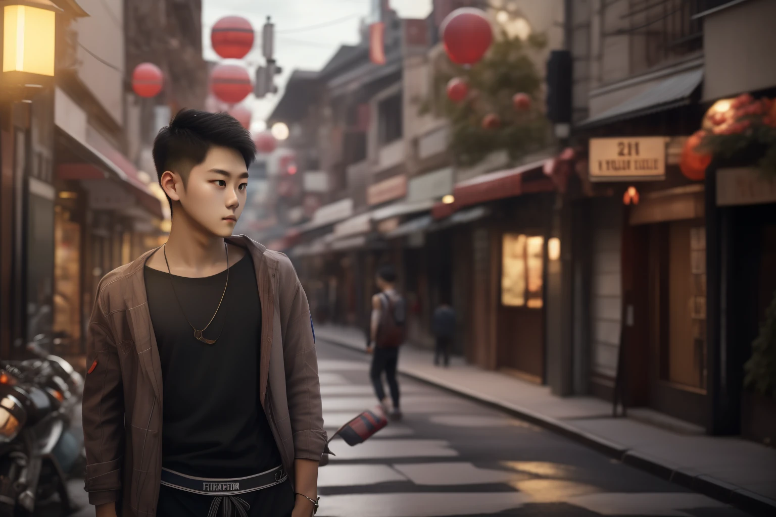 RAW photo, a portrait photo of 21 y.o man in casual clothes, night, city street, (high detailed skin:1.2), 8k uhd, dslr, soft lighting, high quality, film grain, Fujifilm XT3
