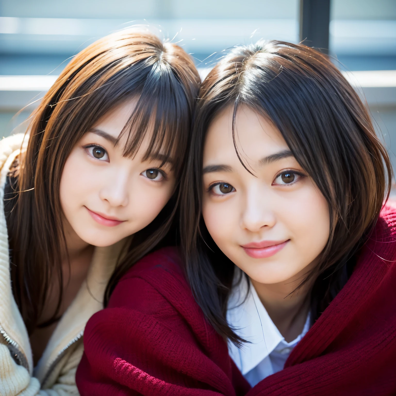 two girls，Embrace，knitted sweater jacket，（Big boobs：1.2），cleveage，穿Black underwear，black slime shapeshifter，looking at the audience，Smile， Black underwear、cleveage，Long hair ,Pretty Face，cute appearance，confident girl,Slime with melted lower body,In the park，There are many maple leaves，autumn，