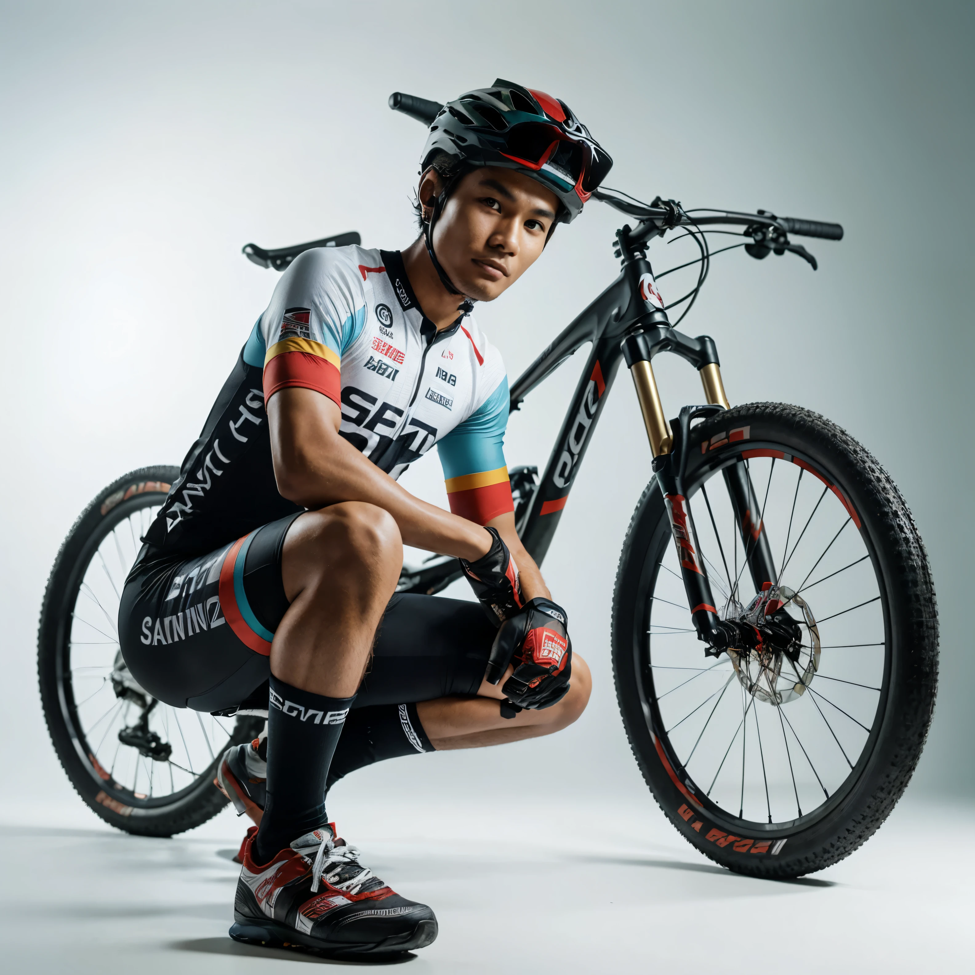 1 man (Indonesian face), 25 years old wearing bicycle racing clothes, wearing a helmet, next to an MTB bicycle (Santa Cruz), squatting pose, bright atmosphere, holding a bicycle, bright lighting, white background