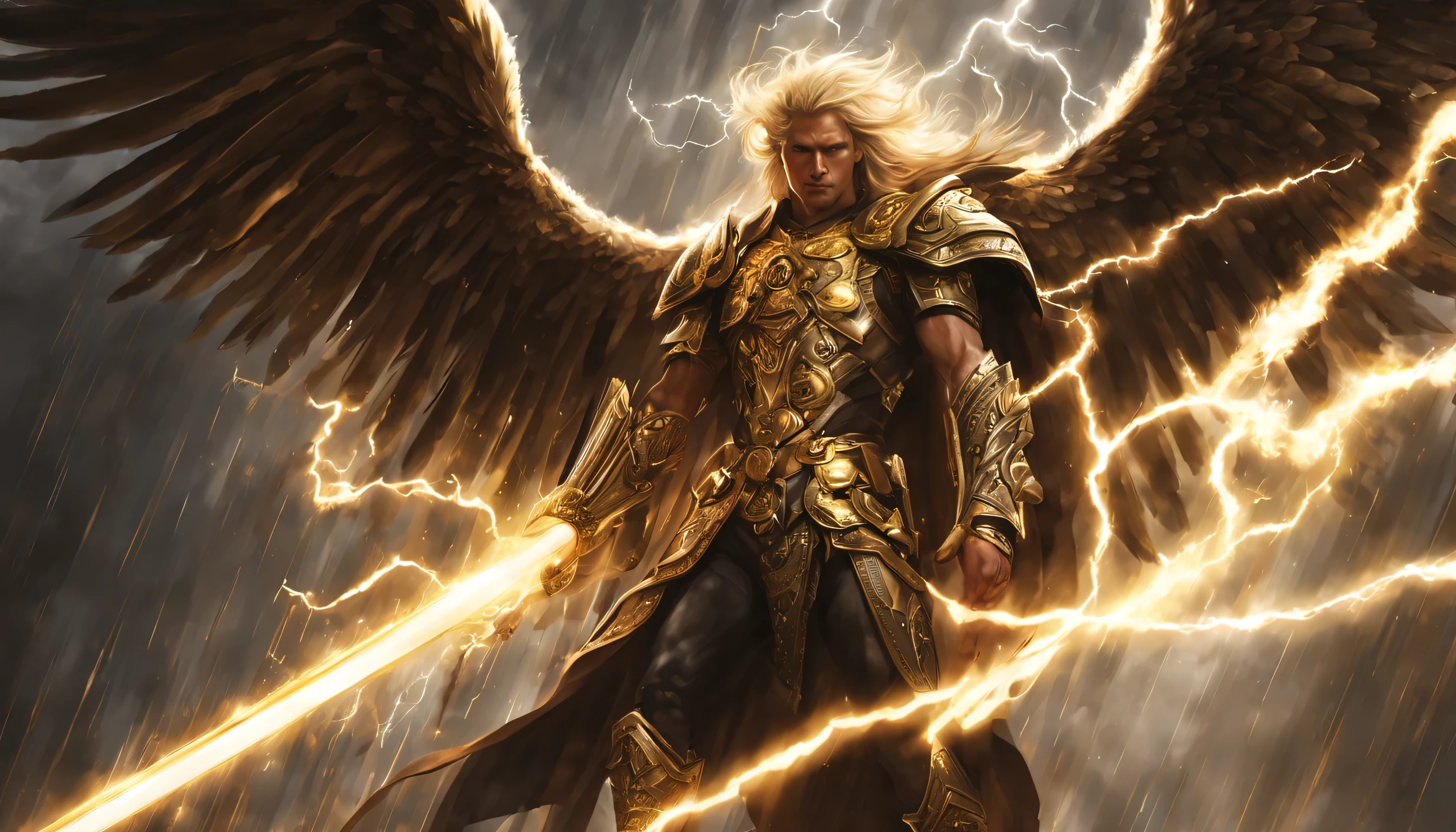 arch angel michael facing down to the ground,a golden lightning sword on his hands,his body full of bright goldenish shining light , his eyes is bright lightning thunders,western face, silvered hair, long hair to his neck, facing towards the ground, battle with dark angel,going through the ground,full of lightning striking golden and silvered lightning, bright forces lightning, around him, speed scene, realistic image, full of flare,wide angle,wide point of view, battle with dark angel,