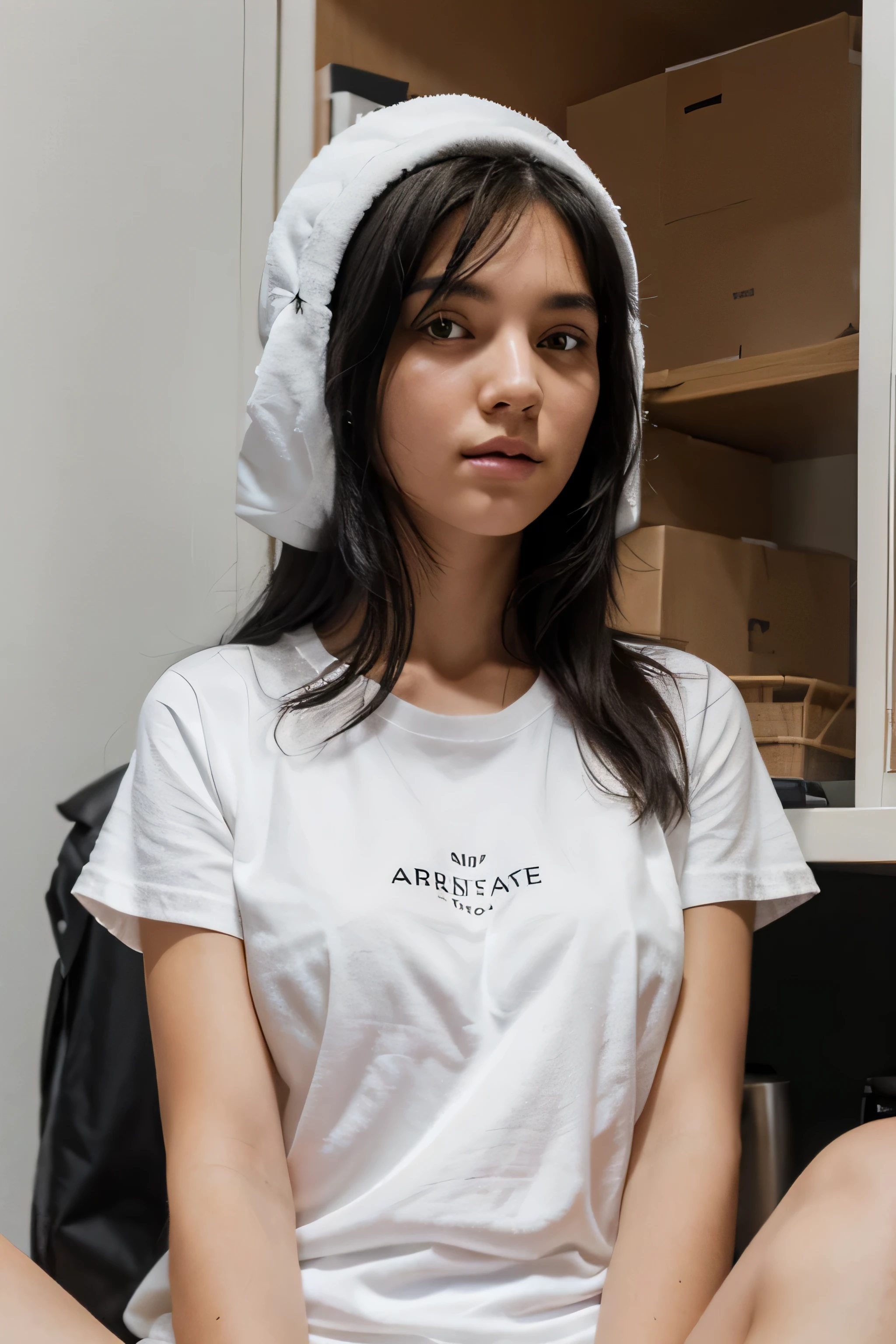 A girl with black hair sits in a closet. , White electric kettle on a girl&#39;s head. , There is a teapot holder on the head.  , white t-shirt on her body , 4K, 8K, photorealism