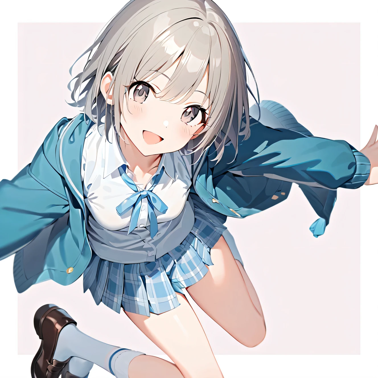 1girl Yi Cang_yuuki idolmaster_Cinderella_girls arm_up bag blue_dress blue_jacket blue_ribbupon blush border breasts brown_shoes dress gray_eyes grey_hair jacket legs_up loafers lupong_sleeves looking_in_viewer neck_ribbupon open_clothes open_spread your hands_jacket open_Outside the mouth_expanded borders_arm pink_background pleined_skirt ribbupon school_Bag School_uniform shirt shoes short_Simple hair_background skirt small_breasts smile socks solo standing standing_upon_upone_leg stuffing_stuffed animals_toy teddy_bear white_border white_shirt white_socks, masterpiece, highest quality, 8K,illustriniupon,(detailed lighting),UHD, Anime Skins