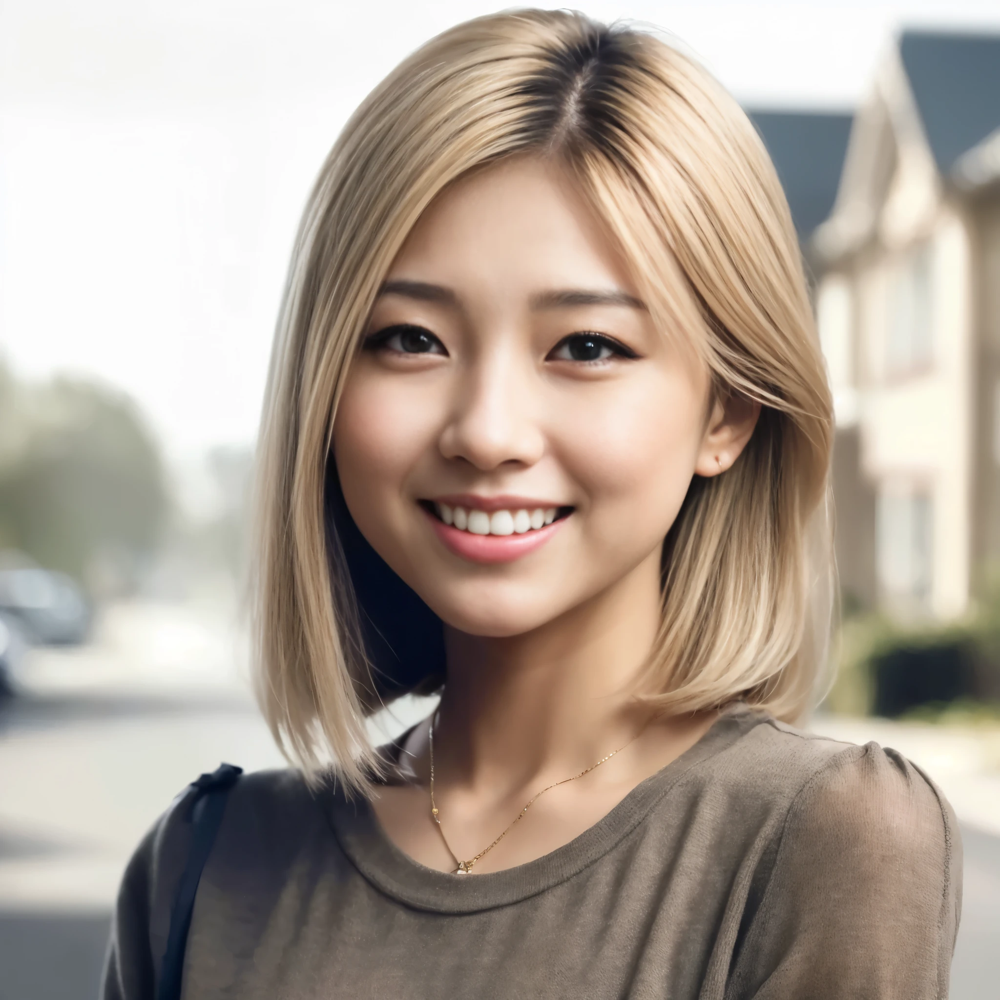 An arafe woman with blonde hair and a smiling brown shirt, korean woman, gorgeous young korean woman, realistic portrait photography, korean girl, Portrait of a Korean female idol, beautiful south korean woman, round-faced Southeast Asian, beautiful young korean woman, K-pop idol portrait, young adorable korean face, young asian woman, blackpink roseanne park, with short hair,tyou