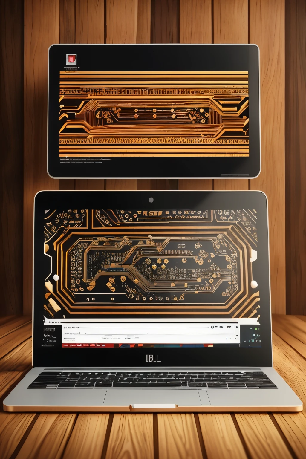 A fascinating image of a computer placed on a wooden table, (realistic wood grain texture:1.3), (detailed pixels:1.2), generating AI-pictures, (advanced technology:1.1), (intricately designed circuits:1.4), HDR lighting, the wooden table's warm colors contrasting with the cool, digital components, sharp focus on the computer screen displaying the AI-generated art, cinematic shot capturing the interplay between technology and nature.