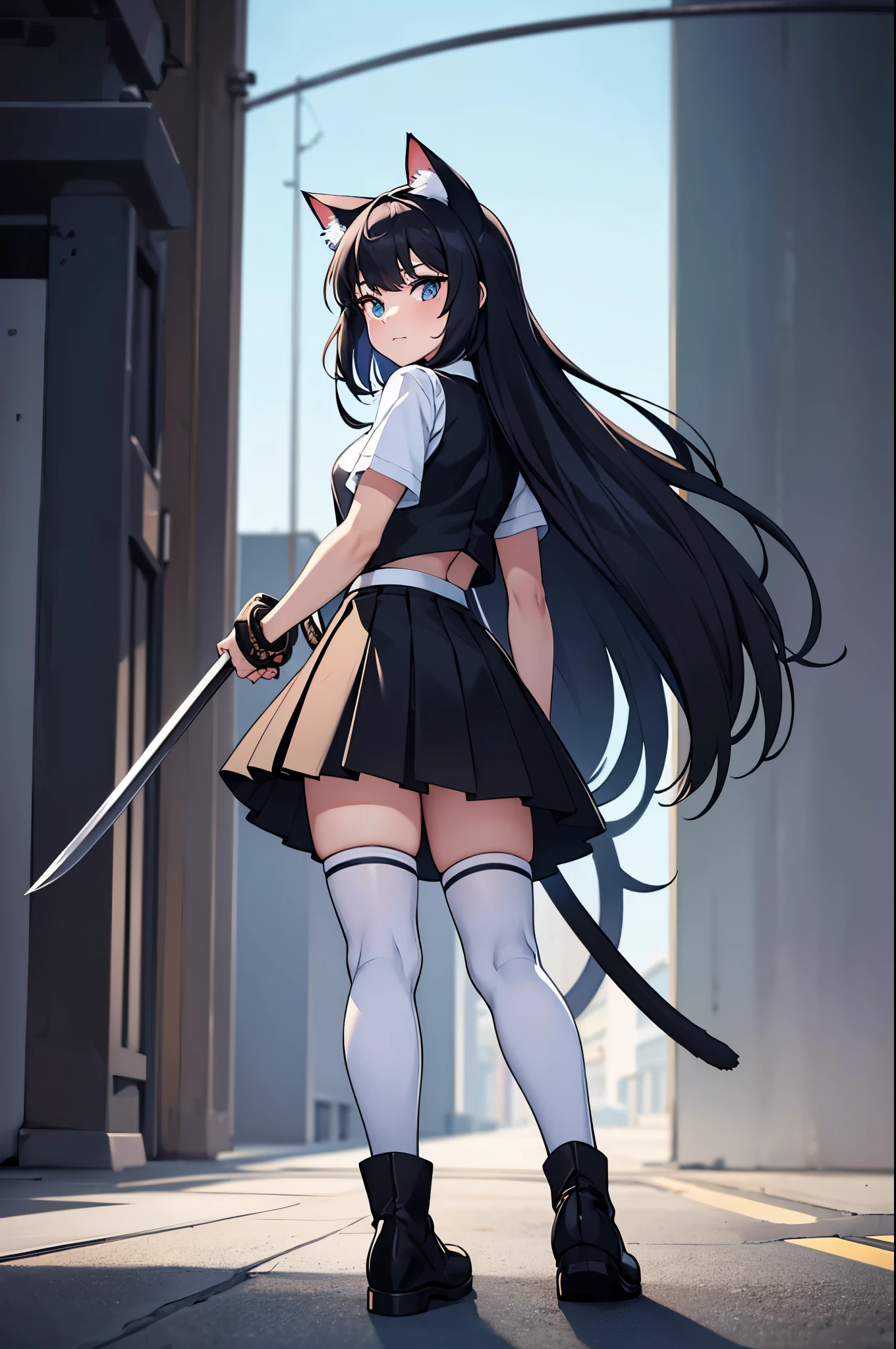 1 woman, :3 face, black and white multi colored hair, short black-white hair, cat ears, cat tail, rpg video game styled princess vest, box pleat skirt, black school thigh-highs, loafers, pushing back hair, holding katana, rpg background, full body portrait, from below.