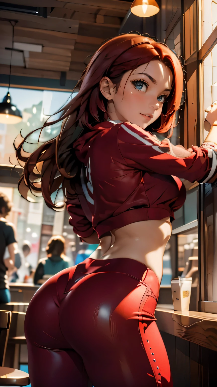 (best quality, masterpiece, highest detailed), trending on artstation, portrait , cute girl, most beautiful in the world, intense red hair, wearing teal tracksuit (high resolution textures) yoga pants, medium breasts, bokeh, (intricate details, hyperdetailed:1.15), detailed, sunlight passing through hair, coffee shop interior background, crowded, Starbucks
