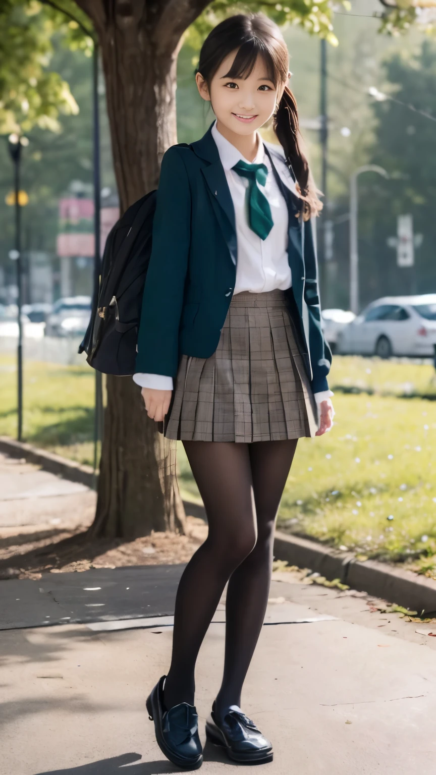 (masterpiece、8k、muste piece、RAW photo:1.4)、High resolution、((far away from the person))、((Full body photo from face to toes))、big eyes and small face、Height: 155cm、Japanese beautiful girl、Smile of a smiling beautiful girl、facing the front、Stand with your feet together、Because I&#39;m slender、stand up with good posture、Residential area in the morning、realistic、14-year-old junior high school girl、bus stop、I was waiting alone、Hang your school bag on your shoulder、、slender and delicate body、small breasts、Green Blazer Uniform、girls school uniform、plaid skirt、healthy young teenage woman、black tights、black tights、Black Knee High Socks、brown loafers leather shoes、Wear loafers、put your feet on the ground、full body shot、full body shot、Neat hairstyle details、Emphasizes the very slender leg line
