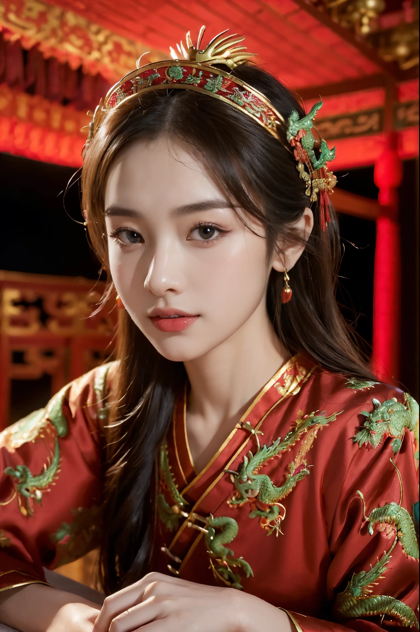 ((((8k))),((Extremely meticulous CG)) ,(wallpaper),16k,((Extremely refined and beautiful)),(((Masterpiece))),(((best qualtiy))),(((Ultra High Resolution))),beautiful light up,Perfect lightning,realistic shaded,(high resolution),(Smooth and flawless fair skin:1.5),(pale skin:1.3),Extremely exquisite facial details,(perfect body:1.1),ultra-detailed,a girl,solo,small head,(dragon-head crown:1.3),(bun hair:1.2),small face,Exquisite makeup,(shiny skin:1.5),(slim,thin),happy,(laughing:1.2),(small breasts:1.1),flat chest,(maxi red hanfu with exquisite embroidered dragon patterns:1.5),(night scene:1.5),indoor,(In a luxurious Chinese palace:1.3),(Spring Festival festive atmosphere:1.3),(looking at the viewer:1.3),(detailed background:1.5),(close-up of face:1.3),(sitting on the throne:1.2),(from front:1.3),(bright light:1.3),
