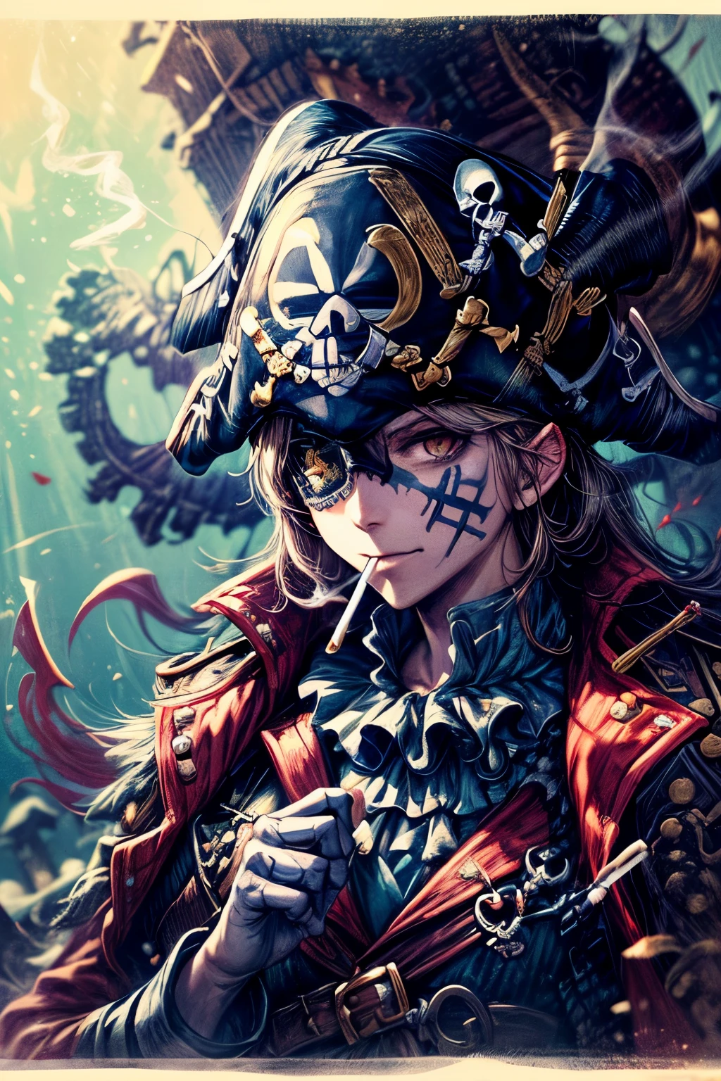 ((worst quality, low quality)), ((50代のpirateの男)), alone, (Close-up:1.3), (face focus:1.4), ((cigarette in mouth,🚬:1.4)), (skull tattoo), ((☠️が描かれたpirateのキャプテンハットを被って)), ((Victorious and powerful eyes,brown eyes):1.2), (片目に☠️が描かれた眼帯をして:1.4), Eyepatch fearless smile, best smile, (perfect hands:1.5), (pirateの服装:1.2), pirate, dynamic pose, (particles of light, shine of light:1.4), pirate船, ((☠️の描かれたpirate旗🏴☠️の背景:1.5)), Mate Pieces, highest quality, Super detailed,
