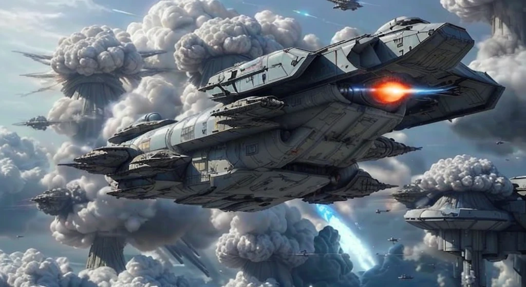 spaceship flies in the sky against the background of clouds, scifi spaceship, flying scifi vehicle, spaceship from the movie dune, scifi spaceship в бою, futuristic spaceship, futuristic starship, Alien Spaceship, flying in space, scifi spaceship, detailed spaceship, Space opera and dystopian style, Science fiction, Very detailed, Futuristic space station, spaceship in the sky, Sci-fi space station, CORRECT SEALING, SYMMETRICAL, Burns, FIGHTERS START FROM HANGARS, FIRES AND NUCLEAR EXPLOSIONS ON EARTH