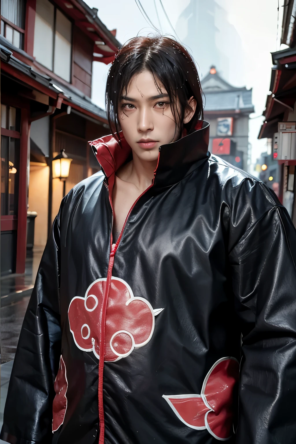 Man, red eyes, big guy, night, rain, wet street, japan, edo age, ninja, close up, dark skin, upper body