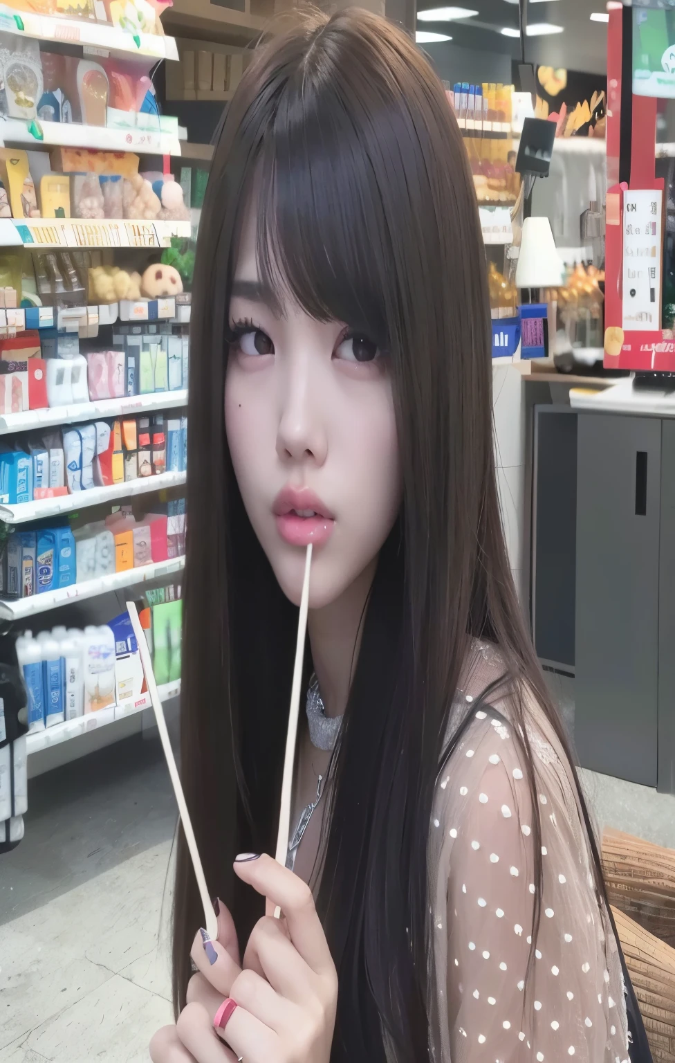 Chica araffe con pelo largo sosteniendo un palillo en una tienda., muchacha coreana, ulzzang, Lalisa Manobal, hermosa mujer surcoreana, flequillo largo y recto, chica anime en la vida real, hermosa cara de chicas japonesas, hermosa joven coreana, long brown hair with bangs, maquillaje popular de corea del sur, Kim Jennie de Blackpink, Jennie Ruby Jane, Jennie Kim