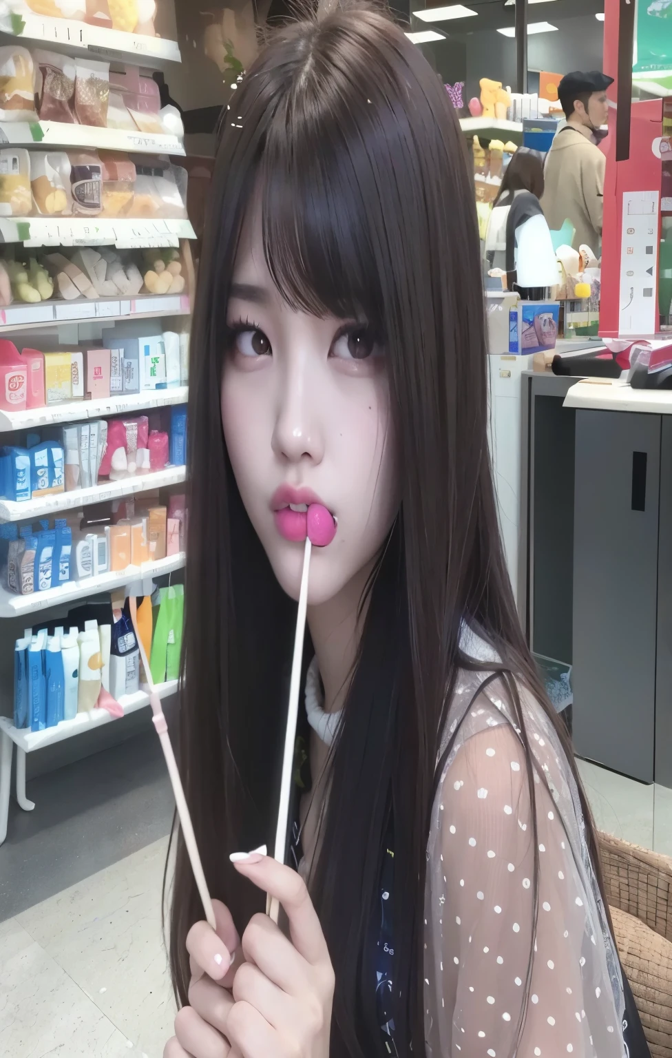 Chica araffe con pelo largo sosteniendo un palillo en una tienda., muchacha coreana, ulzzang, Lalisa Manobal, hermosa mujer surcoreana, flequillo largo y recto, chica anime en la vida real, hermosa cara de chicas japonesas, hermosa joven coreana, long brown hair with bangs, maquillaje popular de corea del sur, Kim Jennie de Blackpink, Jennie Ruby Jane, Jennie Kim