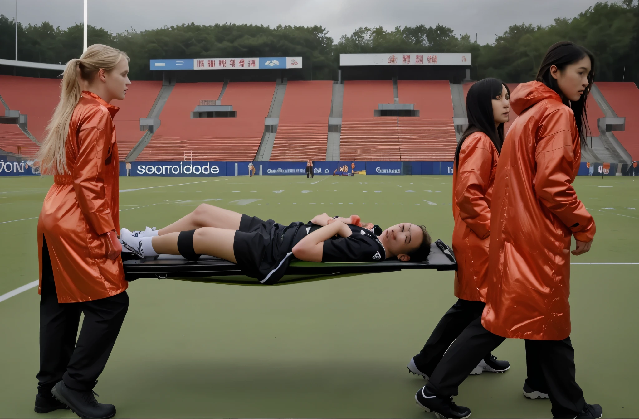 Soccer player is taken away on a stretcher, There is a man lying on his back on a stretcher with his hands grabbing his hurting leg, a man in a t-shirt and sports shorts has put his hands on his injured leg, the man has an agonised face looking to the sky, two horny looking longhaired and ponytailed women that are wearing very shiny coats, there are longhaired women with horny faces wearing laquered puffy coats, longhaired women are walking in wetlook puffy coats, several women walking around a football field with an injured athlete on a stretcher, the injured athlete on the stretcher is grabbing his injured leg with both hands, the women look very worried, behind the women there is a frightening atmosphere, there is heavy rainfall in the background, video still, behind the scenes, pity, china, erotic, horny, drama, very shiny orange vinyl fabric