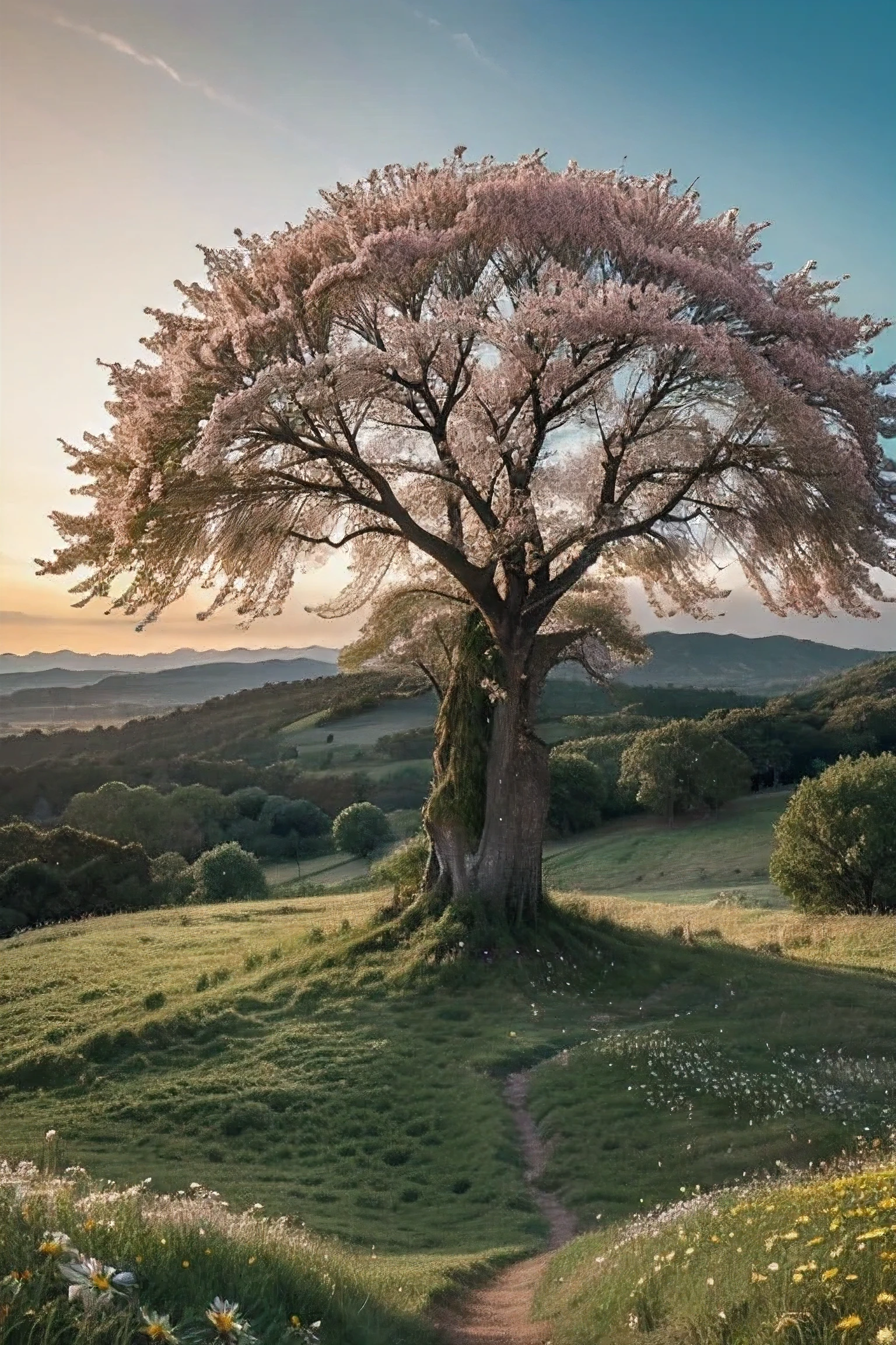 In the heart of an endless expanse of rolling hills lies a breathtaking field of wildflowers, a riot of colors that dazzle the eye and ignite the imagination. As far as the eye can see, the landscape is blanketed in a kaleidoscope of blossoms, each flower a unique masterpiece of nature's design. Some are delicate and dainty, with petals so translucent they seem to glow with an inner light. Others are bold and flamboyant, flaunting vibrant hues that clash and complement in equal measure. Amidst the sea of blooms, there are flowers of every shape and size imaginable, from the elegant curves of lilies to the whimsical spirals of daisies.
But amidst this vibrant tapestry of flora, there stands a solitary sentinel, a towering giant that dwarfs everything around it. It is a colossal tree, its gnarled trunk rising like a titan from the earth, its branches stretching outwards like the arms of a benevolent guardian. Each branch is a masterpiece of organic architecture, twisting and turning in sinuous arcs that seem to defy gravity. At the tips of these branches, clusters of leaves rustle in the breeze, casting dappled shadows on the ground below.
As you gaze upon this majestic spectacle, you can't help but feel a sense of wonder and awe. Here, in this untamed wilderness, nature reigns supreme, and the beauty of the world is on full display. It is a scene of timeless splendor, a testament to the boundless creativity of the natural world. And as you drink in the sights and sounds of this enchanted landscape, you can't help but feel a sense of gratitude for the privilege of bearing witness to such magnificence.