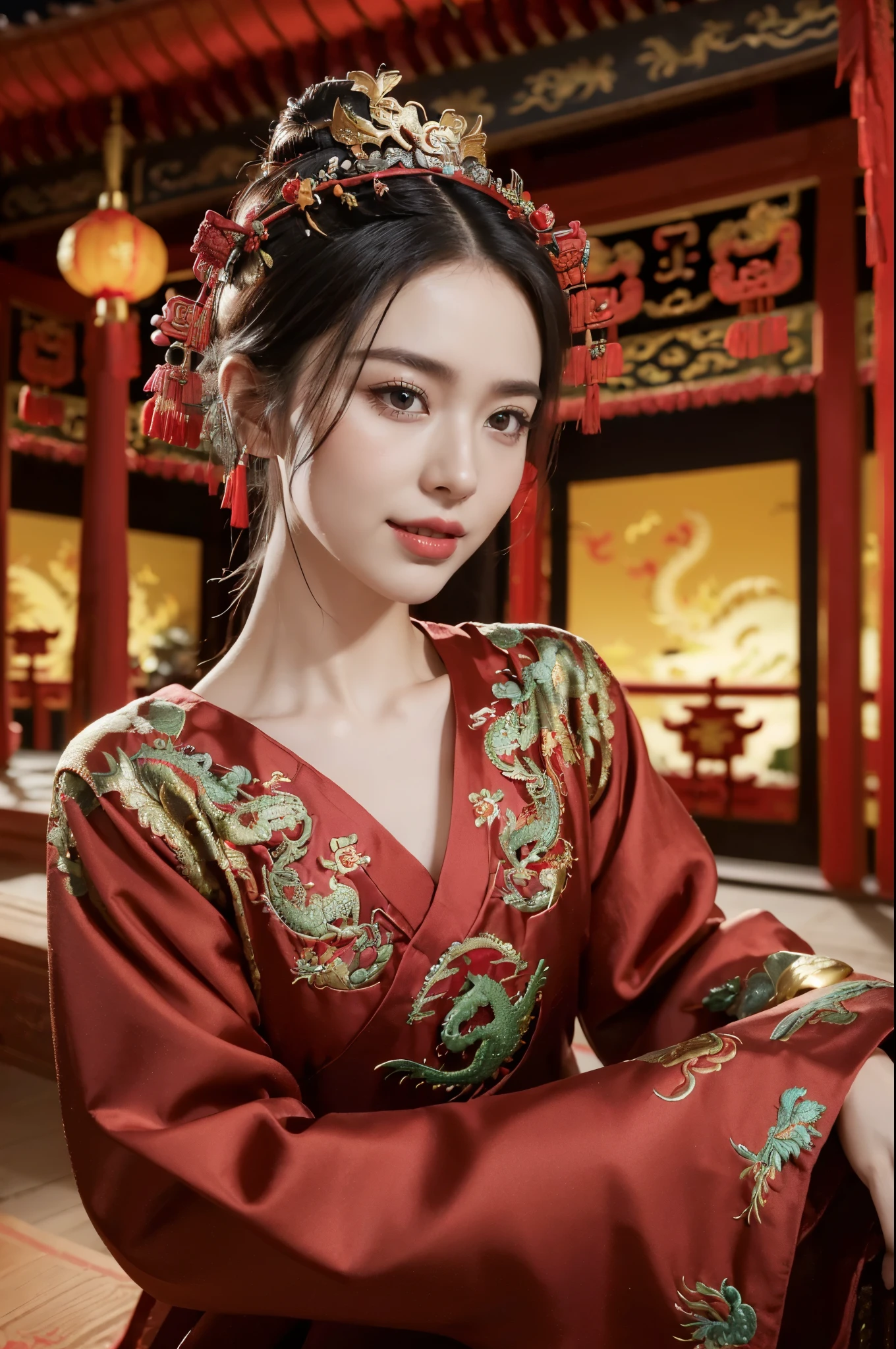 ((((8k))),((Extremely meticulous CG)) ,(wallpaper),16k,((Extremely refined and beautiful))，(((Masterpiece))),(((best qualtiy))),(((Ultra High Resolution))),beautiful light up,Perfect lightning,realistic shaded,(high resolution),(Smooth and flawless fair skin:1.5),(pale skin:1.3),Extremely exquisite facial details,(perfect body:1.1),ultra-detailed,a girl,solo,small head,(dragon-head crown:1.3),(bun hair:1.2),small face,Exquisite makeup,(shiny skin:1.5),(slim,thin),happy,(laughing:1.2),(small breasts:1.1),flat chest,(maxi red hanfu with exquisite embroidered dragon patterns:1.5),(night scene:1.5),indoor,(In a luxurious Chinese palace:1.3),(Spring Festival festive atmosphere:1.3),(looking at the viewer:1.3),(detailed background:1.5),(close-up of face:1.3),(sitting on the throne:1.2),(from front:1.3),(bright light:1.3),