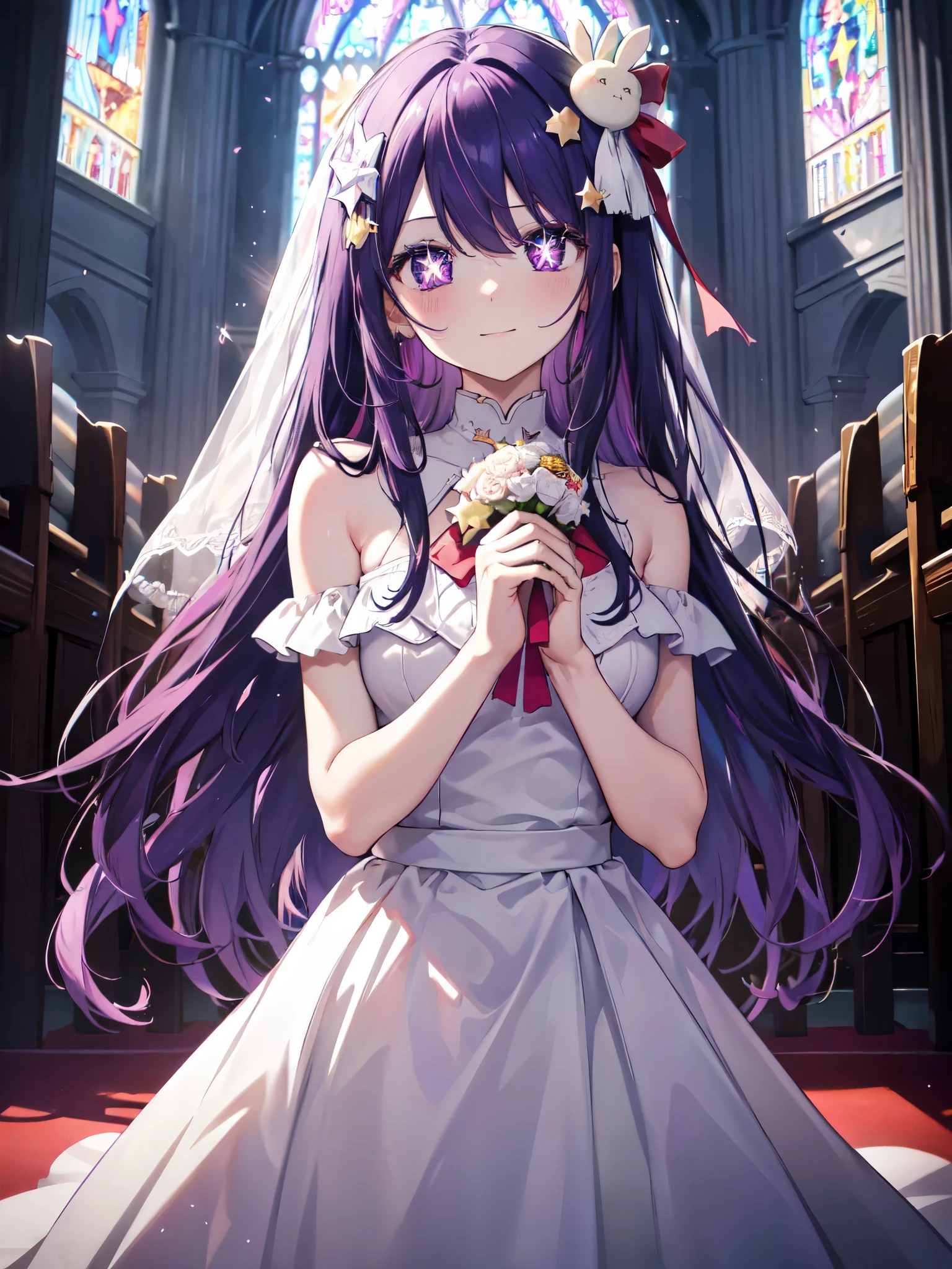 break indoors, church, break (masterpiece:1.2), highest quality, High resolution, unity 8k wallpaper, (figure:0.8), (beautiful and fine eyes:1.6), highly detailed face, perfect lighting, Very detailed CG, (perfect hands, perfect anatomy), ,1 girl, alone, hair flower, wedding d again ss, Holding a bouquet of flowers in your hands, Chacha, smile, church, white bridal veil, Wedding dress, ai hoshino, hair between eyes, hair ornament, hair ribbon, long hair, one side up, (purple eyes:1.1), purple hair, rabbit hair ornament, (star-shaped pupils:1.5), symbol-shaped pupils,