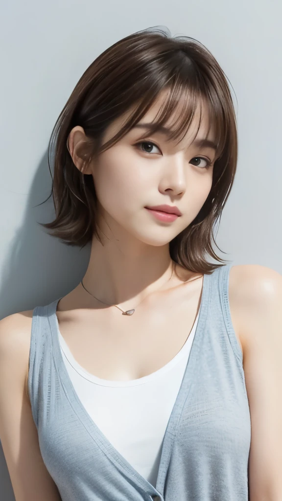 Generate image, 23-year-old Japanese female, upper body, illuminated face, natural expression. Shoulder-length brown hair, side-swept bangs, oval face, subtle makeup, soft brown eyes, delicate nose, small smile. Casual chic attire, light blue cardigan, white tank top, understated silver necklace.