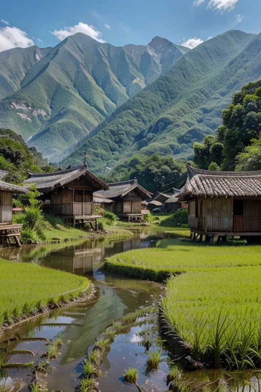 beautiful views of the mountains, decorated with rice fields and creeks, small huts around