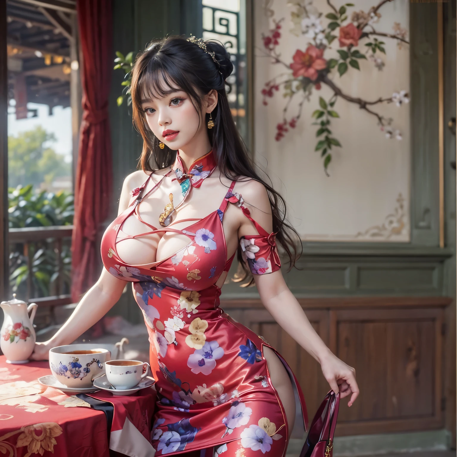 (Masterpiece), (best quality), Optical Realism, realistic, (1 girl), alone, perfect body, big breast, Chinese Cheongsam, sexy,Open the milk.,full body picture,fit, Beautiful legs
