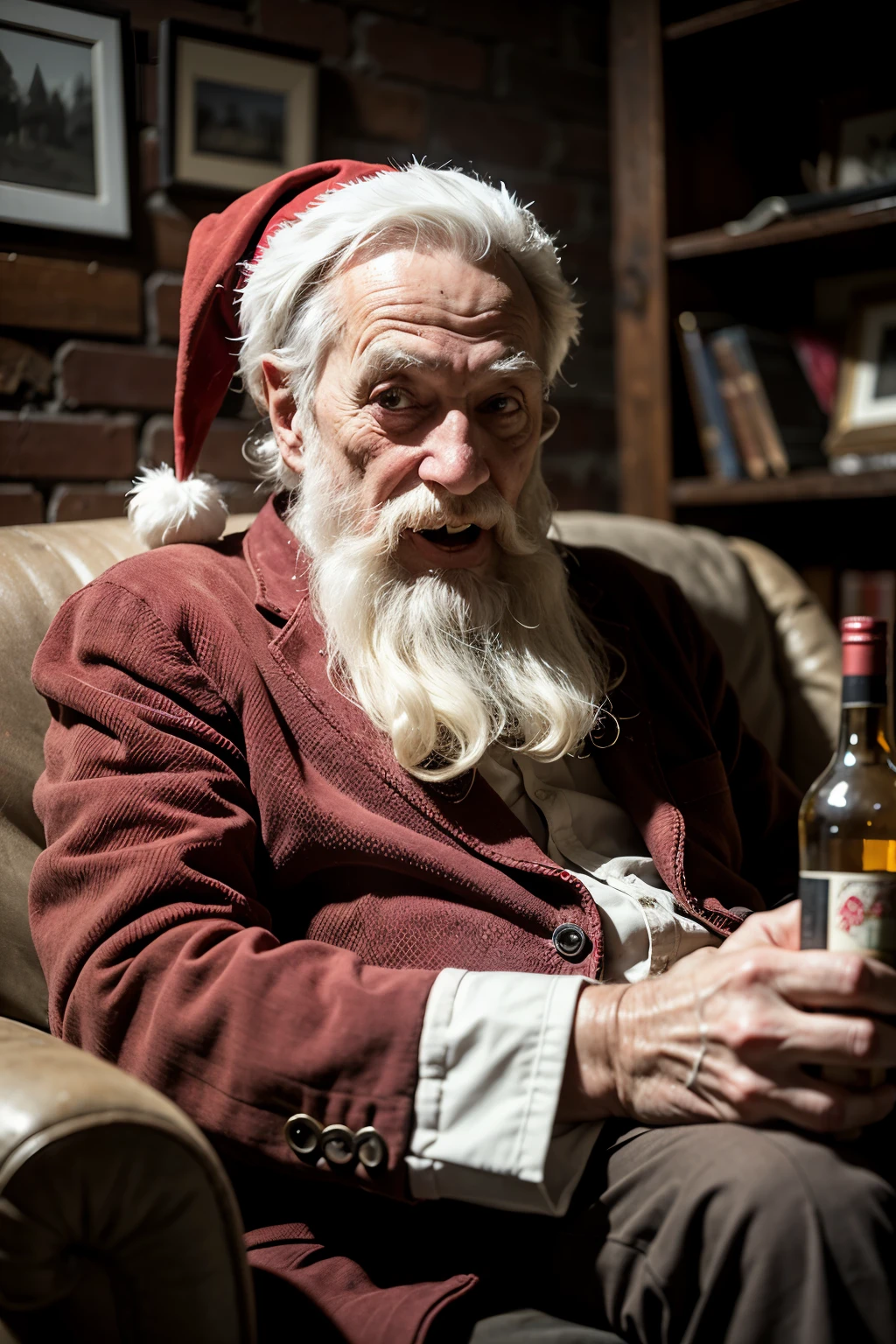 highly detailed caricature, Ron Perlman as Santa Claus, holding a lit cigar, big grin, <lora:CokeGirls:.9> gil elvgren, <lora:Ron_Embleton_Style:.4> ron embleton, RAW candid cinema, 16mm, color graded portra 400 film, remarkable color, ultra realistic, textured skin, remarkable detailed pupils, realistic dull skin noise, visible skin detail, skin fuzz, dry skin, shot with cinematic camera