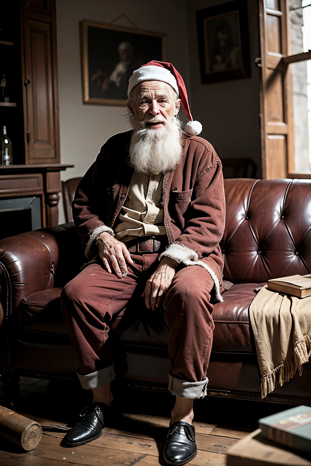 masterpiece, best quality, old decrepit Santa Claus, 100 years old, decrepit Santa suit, malicious smile, sitting on the sofa, a bottle of whiskey in his right hand, a cigar in his left hand, old house, shabby walls, gloomy atmosphere, looking at the viewer, large number of details.