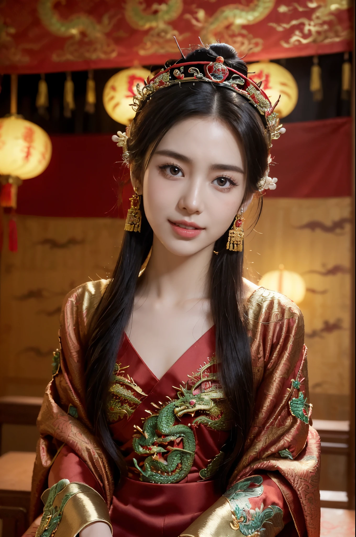 ((((8k))),((Extremely meticulous CG)) ,(wallpaper),16k,((Extremely refined and beautiful))，(((Masterpiece))),(((best qualtiy))),(((Ultra High Resolution))),beautiful light up,Perfect lightning,realistic shaded,(high resolution),(Smooth and flawless fair skin:1.5),(pale skin:1.3),Extremely exquisite facial details,(perfect body:1.1),ultra-detailed,a girl,solo,small head,(dragon-head crown:1.3),(bun hair:1.2),small face,Exquisite makeup,(shiny skin:1.5),(slim,thin),happy,(laughing:1.2),(small breasts:1.1),flat chest,(maxi red hanfu with exquisite embroidered dragon patterns:1.5),(night scene:1.5),indoor,(In a luxurious Chinese palace:1.3),(Spring Festival festive atmosphere:1.3),(looking at the viewer:1.3),(detailed background:1.5),(close-up of face:1.3),(sitting on the throne:1.2),(from front:1.3),(bright light:1.3),