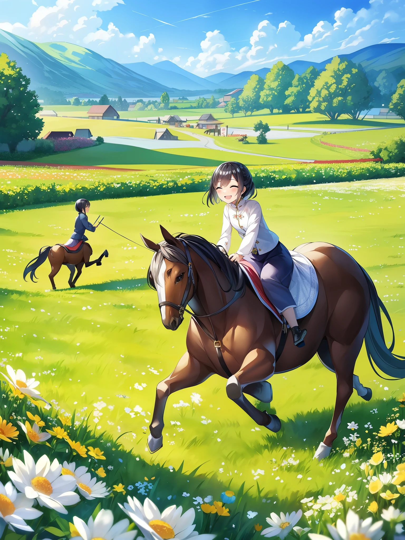 In the landscape of vast grasslands、色鮮やかなflower々is blooming、The sight of riding a triangular horse is as fantastic as if you were in a dream.。The wooden horse sways in the wind、Its triangular shape shines in the sunlight.。who sits on the horse's back、smile happily、You can see how they are enjoying the scenery of the grassland.。 The wooden horse rotates slowly、鮮やかな色のたくさんのflowerが周りを彩ります。Those who are riding、Leaning gracefully along with the movement of the rocking horse、It's like being in tune with the rhythm of nature.。The way the rocking horse swings in the meadow、Makes you feel a happy moment surrounded by pleasant scenery。The sight of riding this triangular horse、It's like your childhood dreams and adventures have come true.、It's a fun and warm scene.。The wooden horse sways with the wind、flower々scattering、With happy smiles spreading、Time seems to be passing quietly。