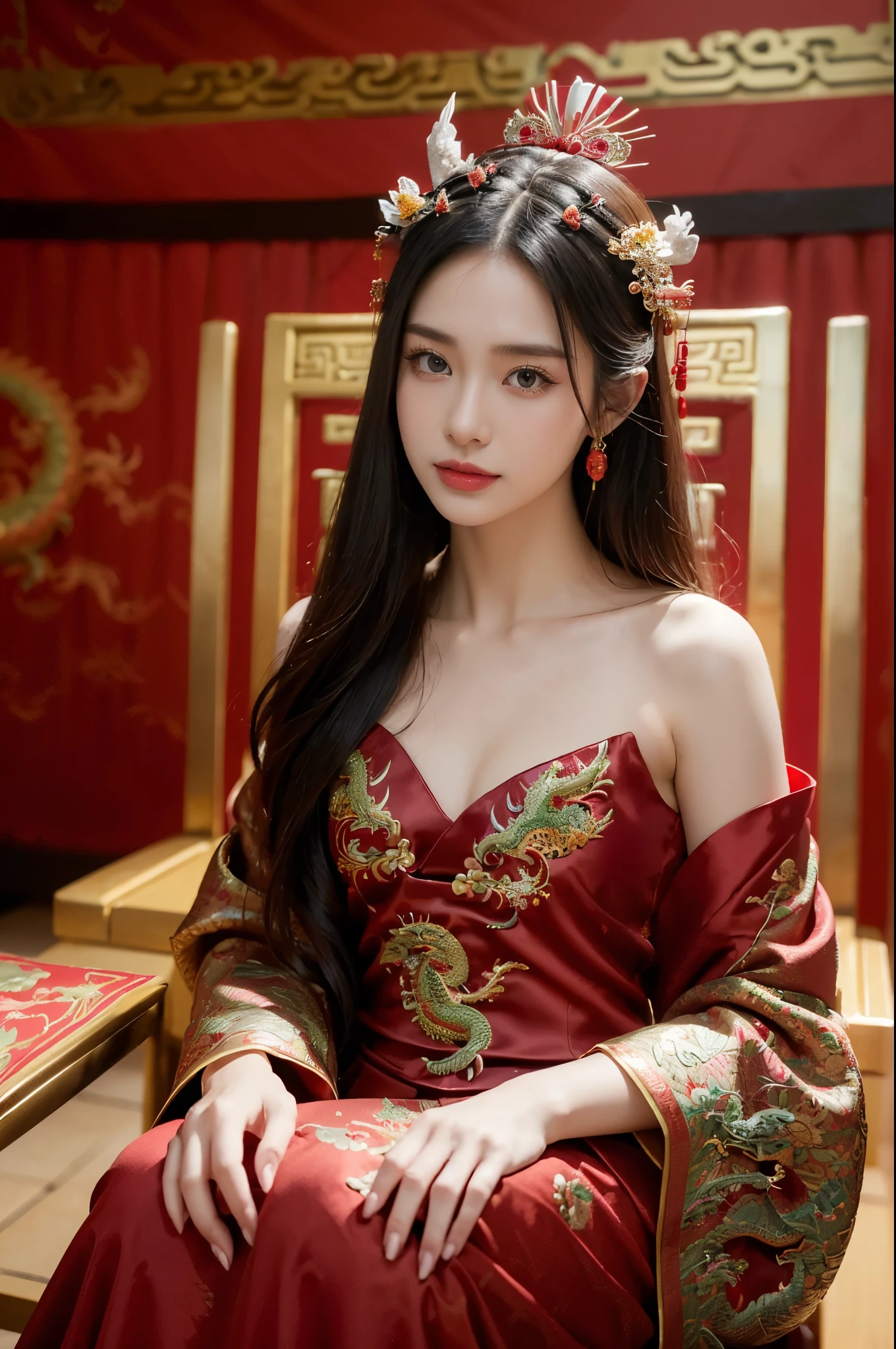 ((((8k))),((Extremely meticulous CG)) ,(wallpaper),16k,((Extremely refined and beautiful))，(((Masterpiece))),(((best qualtiy))),(((Ultra High Resolution))),beautiful light up,Perfect lightning,realistic shaded,(high resolution),(Smooth and flawless fair skin:1.5),(pale skin:1.3),Extremely exquisite facial details,(perfect body:1.1),ultra-detailed,a girl,solo,small head,(dragon-head crown:1.3),(bun hair:1.2),small face,Exquisite makeup,(shiny skin:1.5),(slim,thin),happy,(laughing:1.2),(small breasts:1.1),flat chest,(maxi red hanfu with exquisite embroidered dragon patterns:1.5),(night scene:1.5),indoor,(In a luxurious Chinese palace:1.3),(Spring Festival festive atmosphere:1.3),(looking at the viewer:1.3),(detailed background:1.5),(close-up of face:1.3),(sitting on the throne:1.2),(from front:1.3),(bright light:1.3),