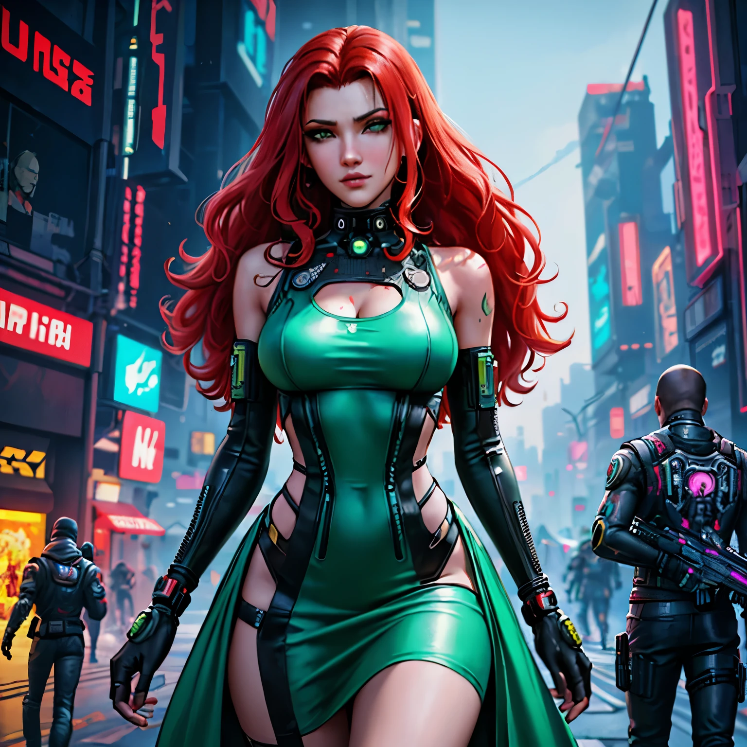 a girl, red hair, green eyes, mercenary, cyberpunk, long hair, curly hair, cyberpunk style, futuristic, green shiny dress, cyberpunk 2077, best quality, masterpiece, realistic, ultra detailed.