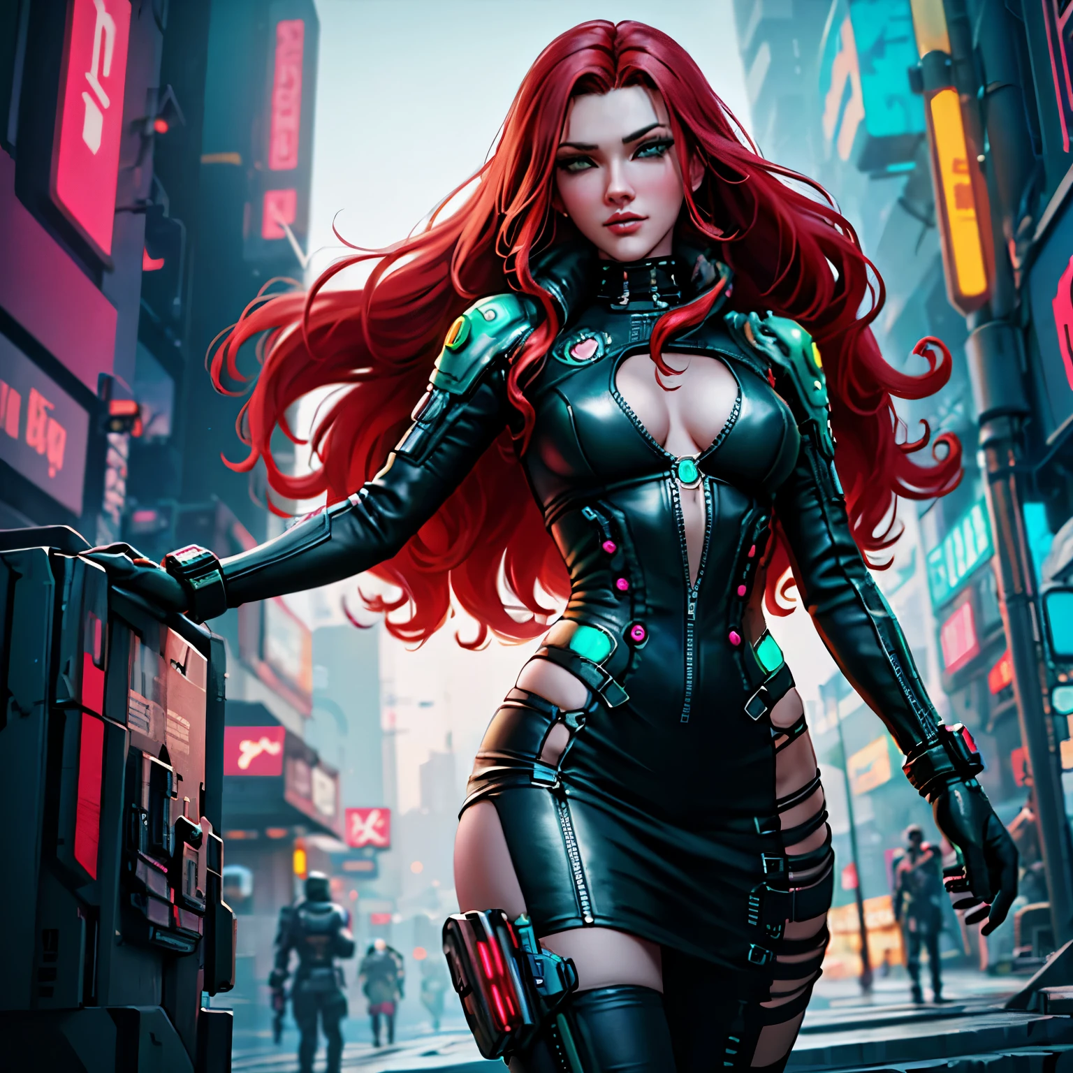 a girl, red hair, green eyes, mercenary, cyberpunk, long hair, curly hair, cyberpunk style, futuristic, green shiny dress, cyberpunk 2077, best quality, masterpiece, anime style, realistic, ultra detailed. 