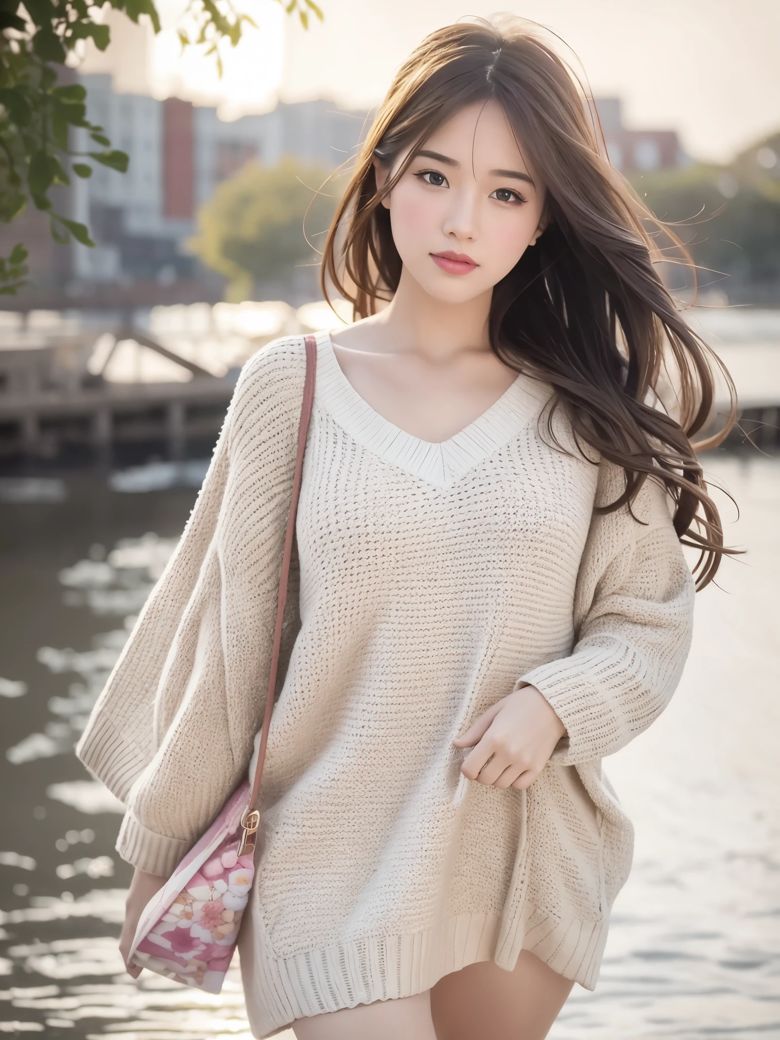 1girl walking on the river, mix4, sweater, pillow, lips, open_mouth, realistic, photo_\(medium\), solo, stuffed_animal, stuffed_toy, teddy_bear,(masterpiece),(photorealistic:1.3), ultra-detailed, (high detailed skin:1.2),(best quality:1.0), (ultra highres:1.0), (ulzzang-6500:0.3), wavy detailed hair, long hair, sunshine, (beautiful detailed makeup), (sexually aroused blushing heavy breathing:1.0), floral theme flower petals scattered, (soft glow bloom:0.5)
