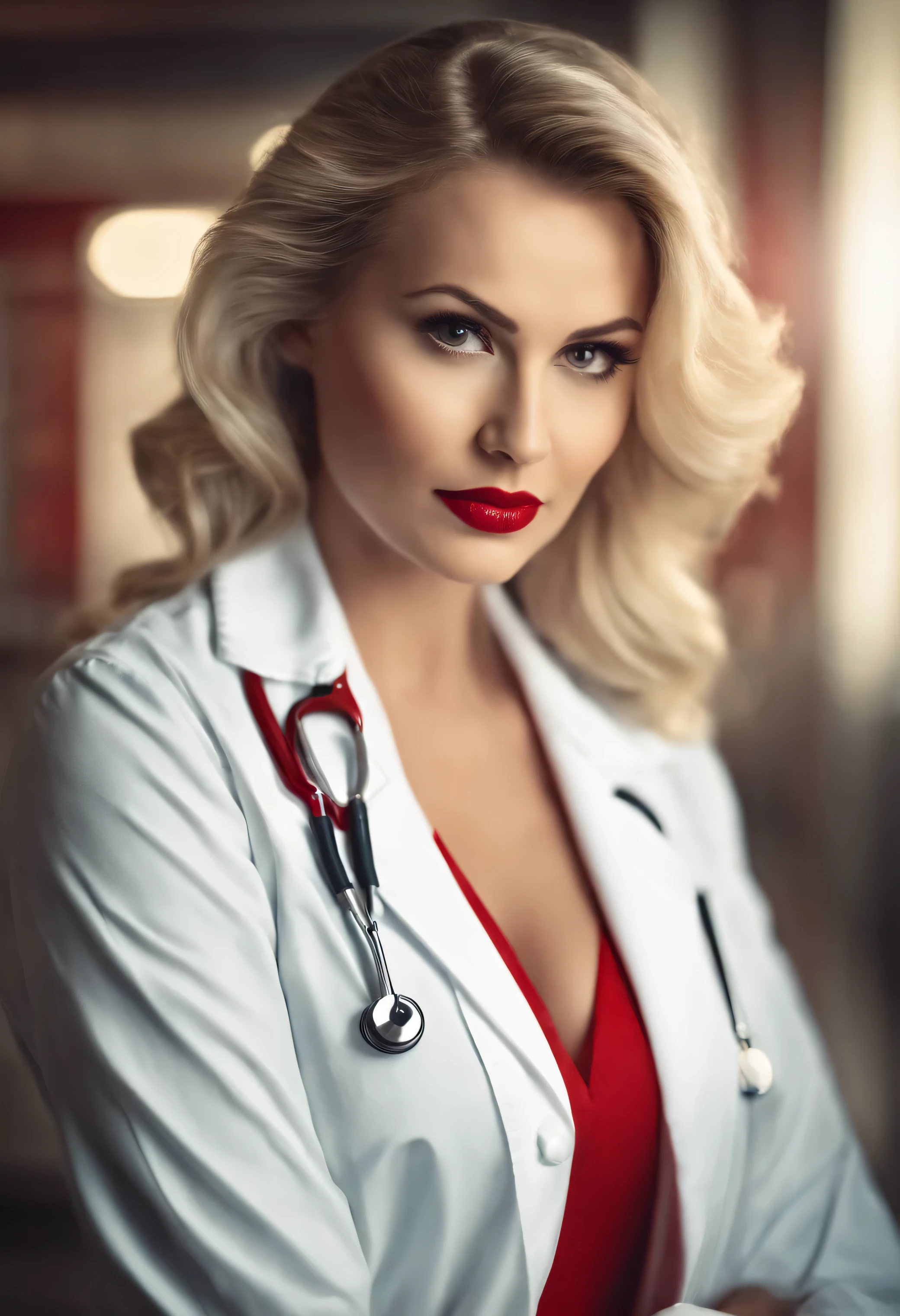 beautiful sensual blonde pin-up hair brown eyes red lips beautiful shape full breasts long slim thighs female doctor in short white medical coat red high heels photorealistic elaborated professional photo